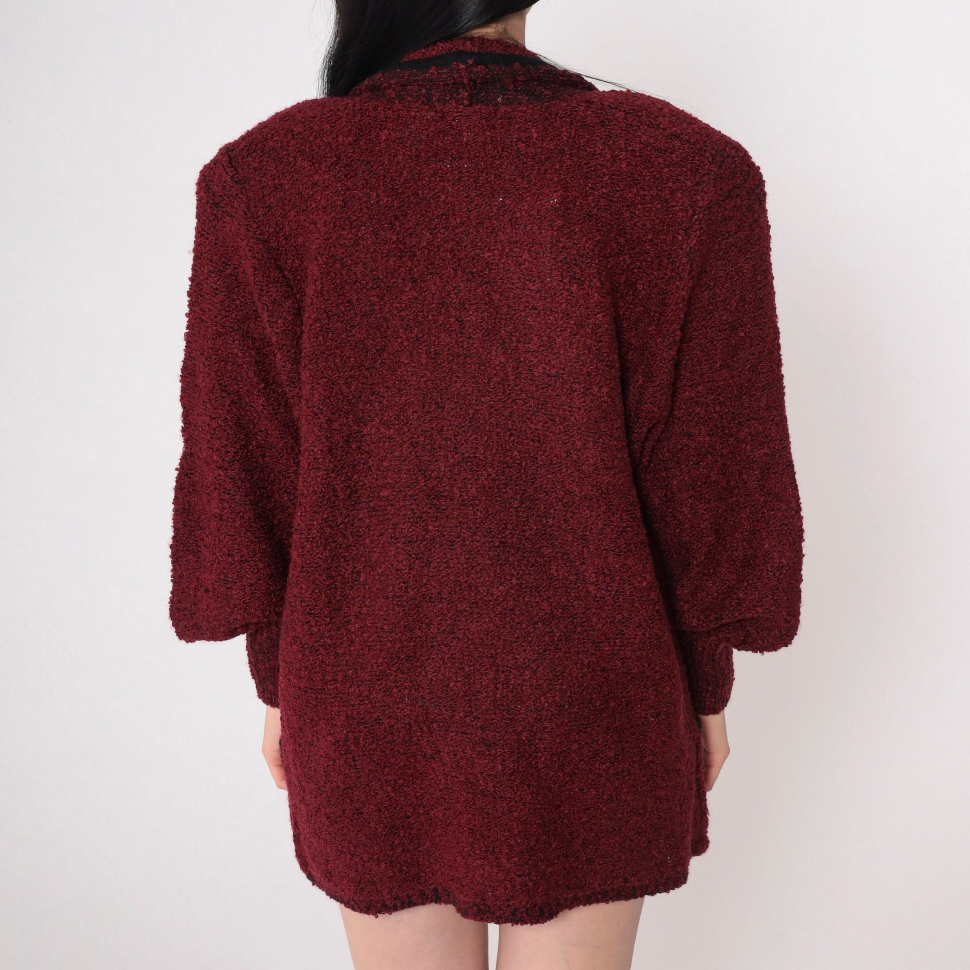 80s Wine Nubby Knit Cardigan Open Front Shoulder Pads Pockets Medium