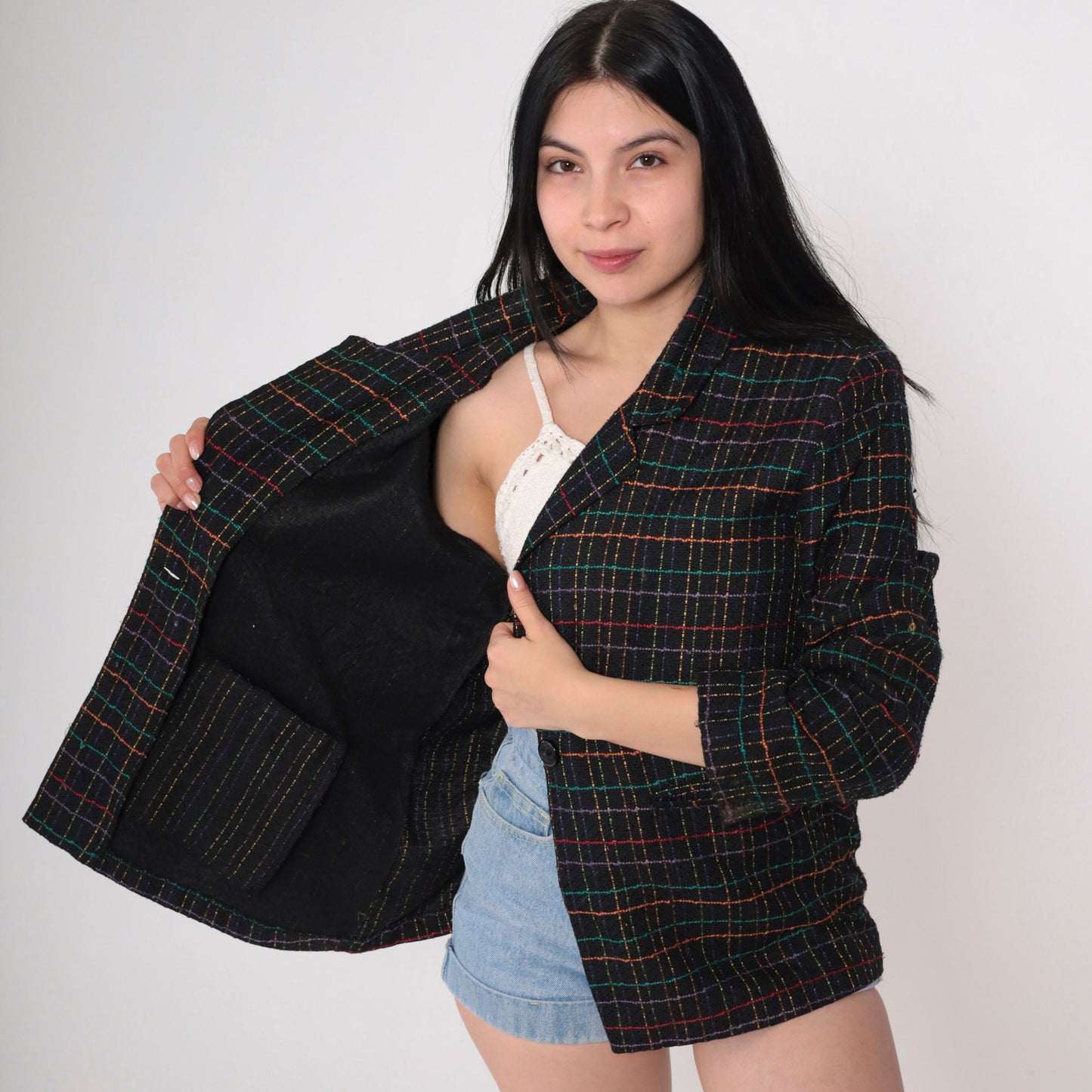 90s Black Checkered Blazer Rainbow Print Button-Up Jacket Large L