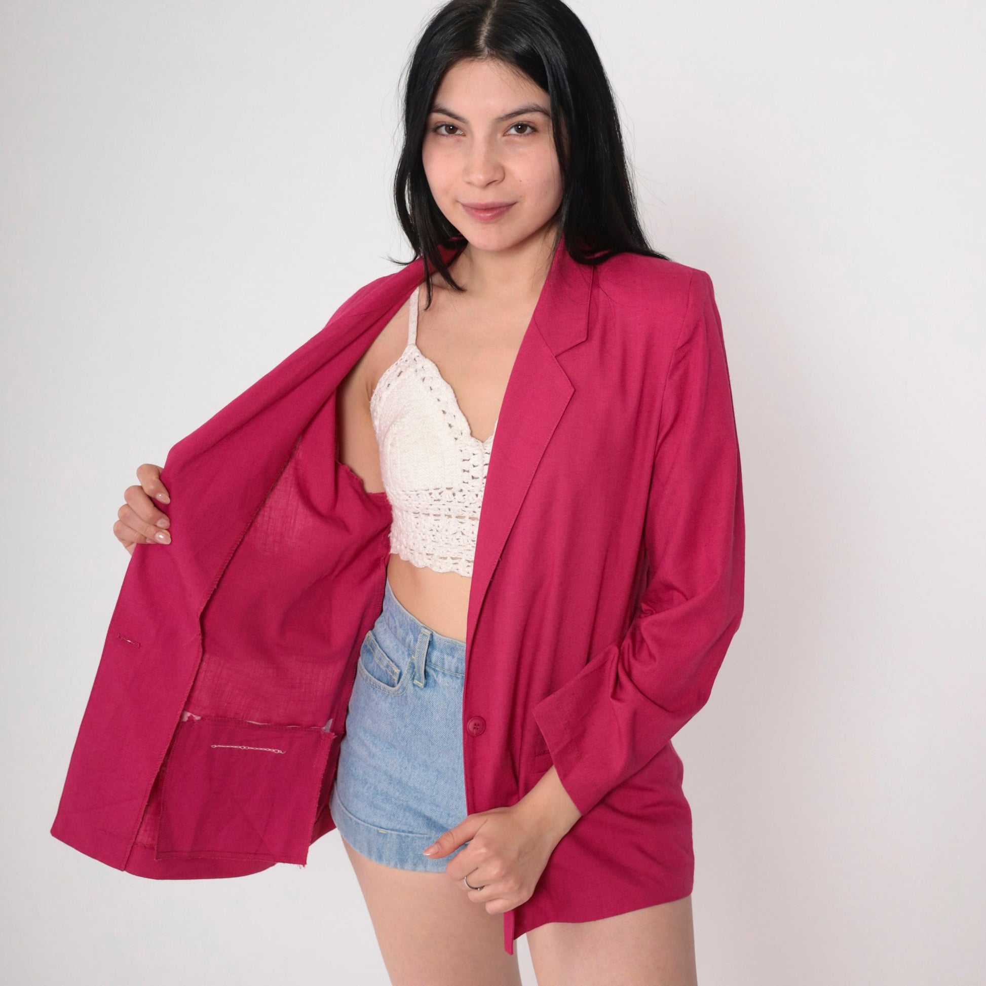80s Fuchsia Pink Blazer Button-Up Jacket Single Breasted Medium M