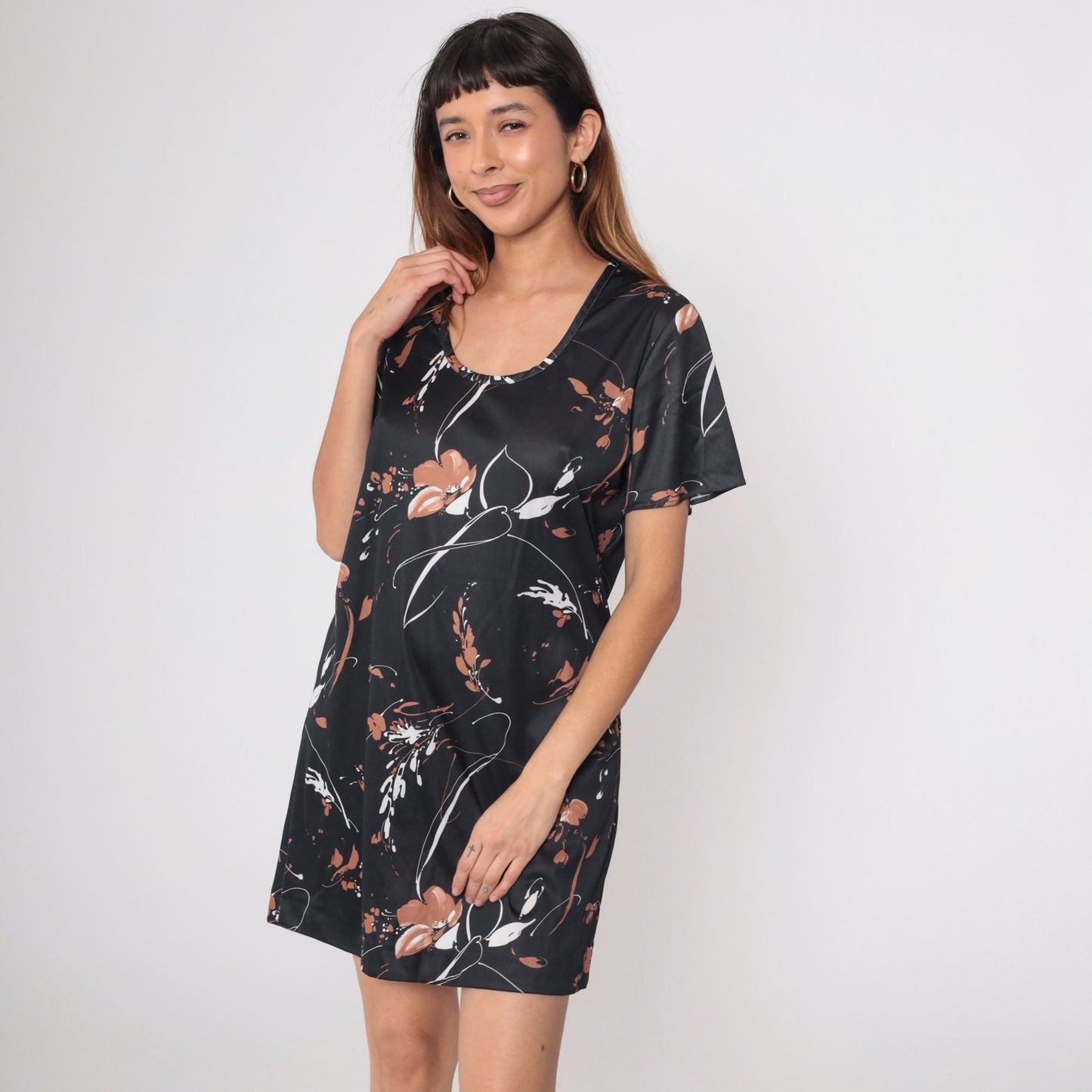 70s Black Floral Abstract Shift Dress Mini Scoop Neck Short Sleeve Medium Large