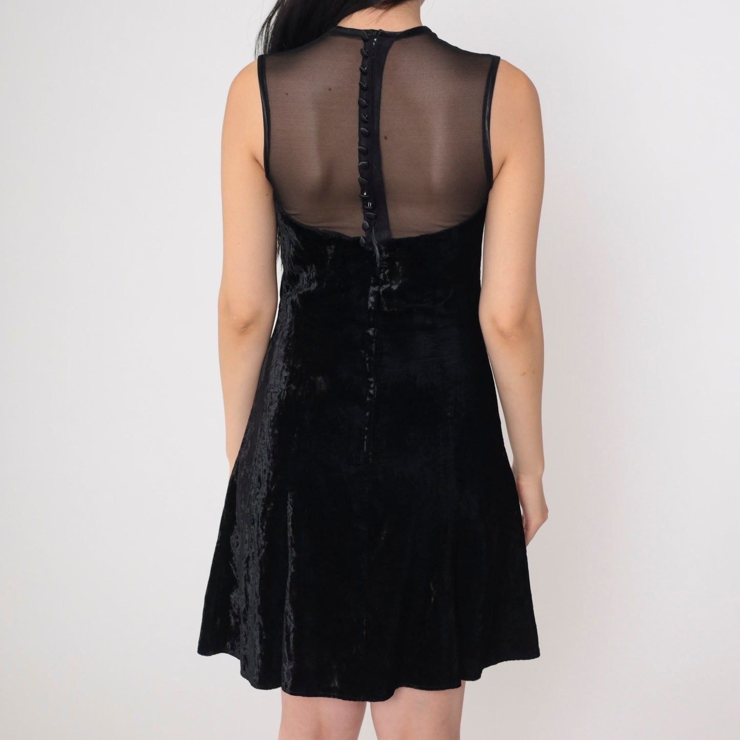 90s Scott McClintock Black Velvet Mini Dress Illusion Neckline Floral Lace Extra Small