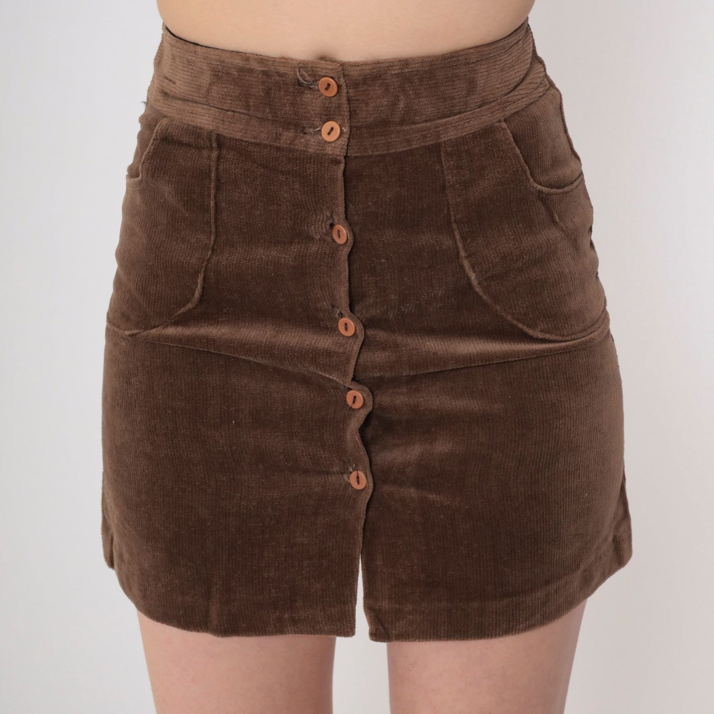 80s Brown Corduroy Mini Skirt High Waist Button Front Pencil Extra Small