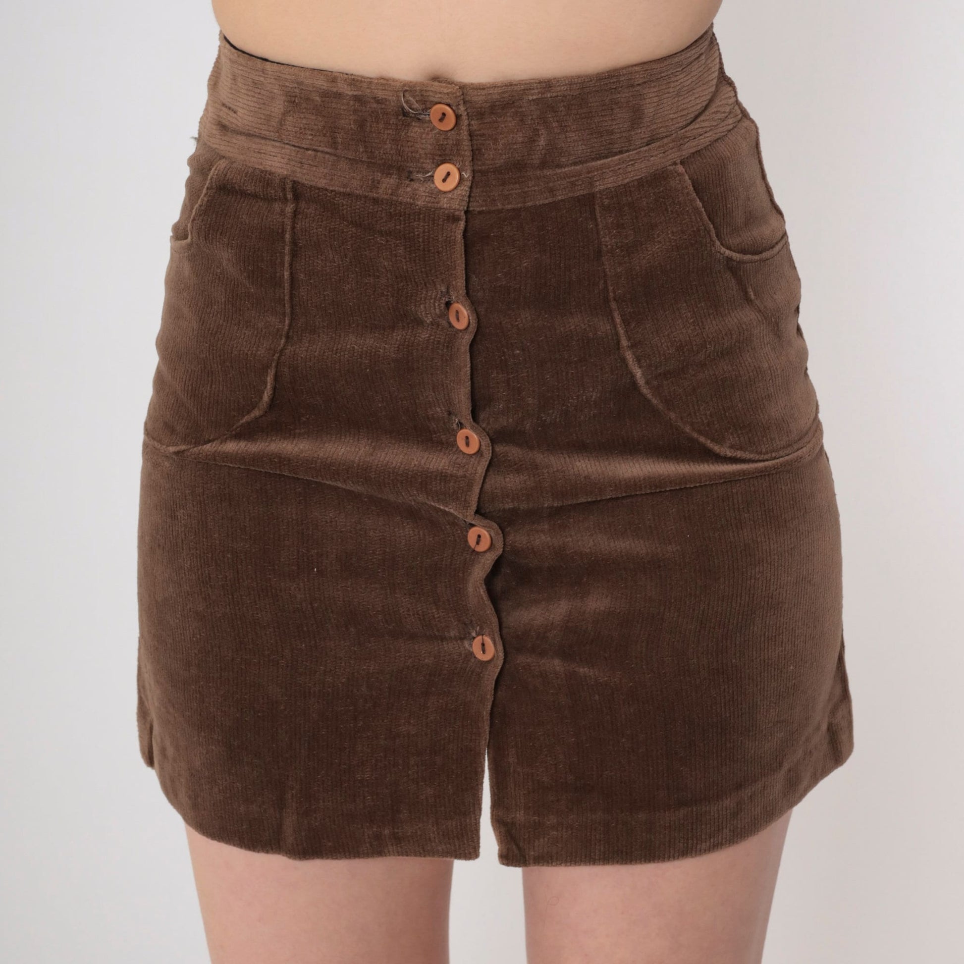 80s Brown Corduroy Mini Skirt High Waist Button Front Pencil Extra Small