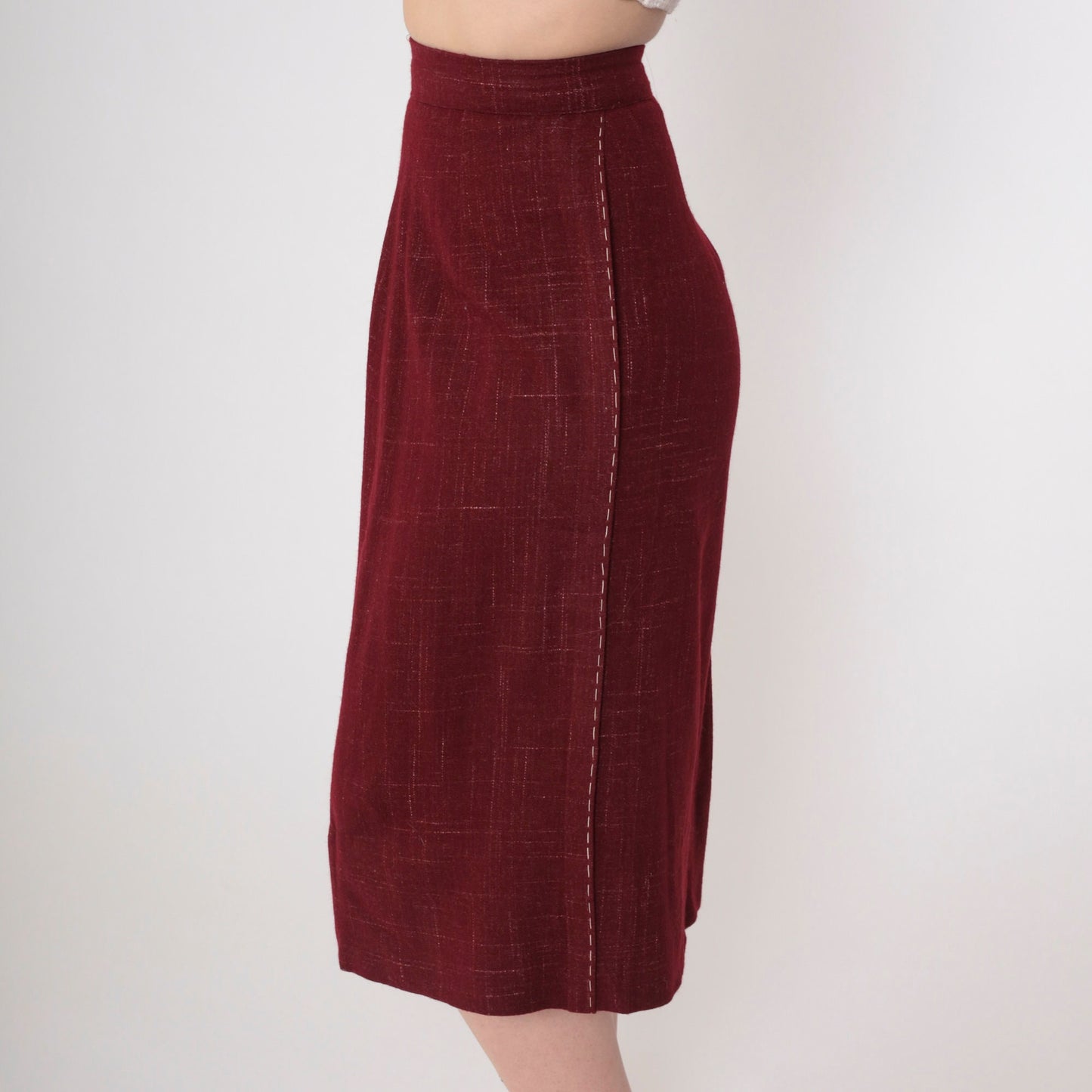 80s Dark Rust Red Midi Skirt High Waist Checkered Topstitch XXS