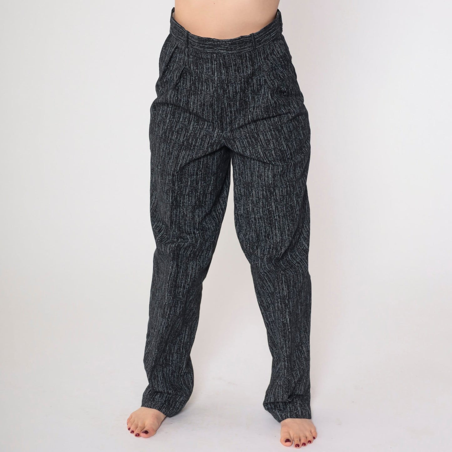 80s Striped Pleated Trousers High Waisted Tapered Black Grey Vertical Stripes Small