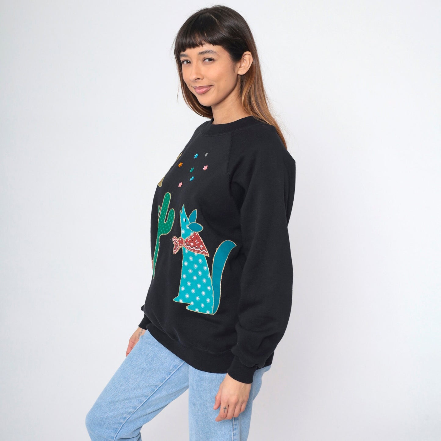 90s Southwest Black Sweatshirt Desert Coyote Cactus Moon Star Studs Raglan Large