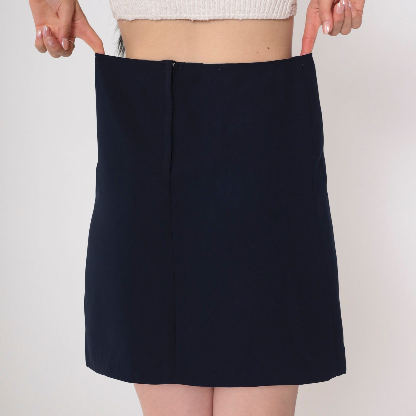 90s Navy Rhinestone Beaded Mini Skirt High Waisted Pleated Pencil Small S