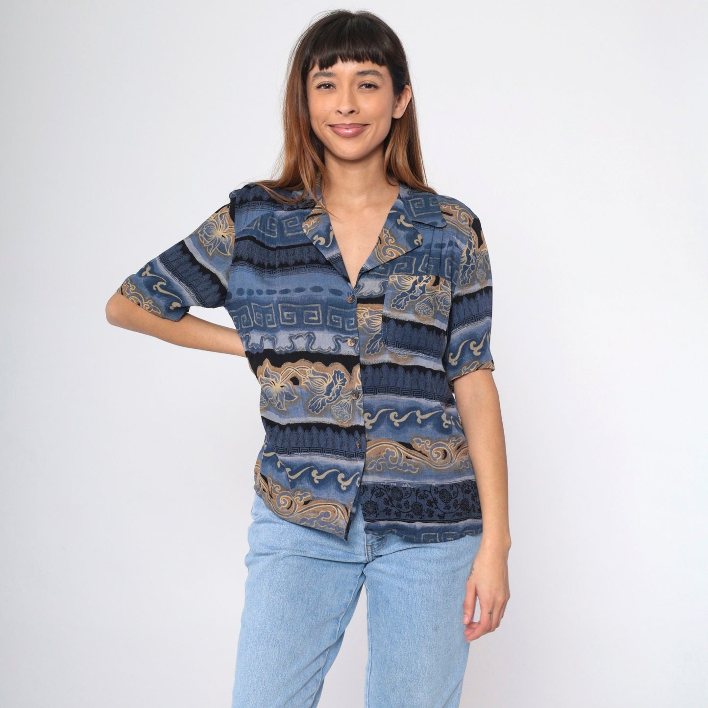 90s Carol Little Striped Floral Greek Key Button Up Blouse Blue Small