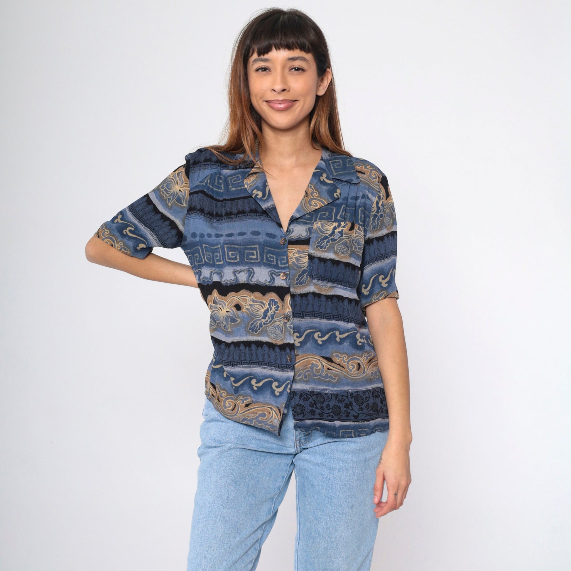 90s Carol Little Striped Floral Greek Key Button Up Blouse Blue Small