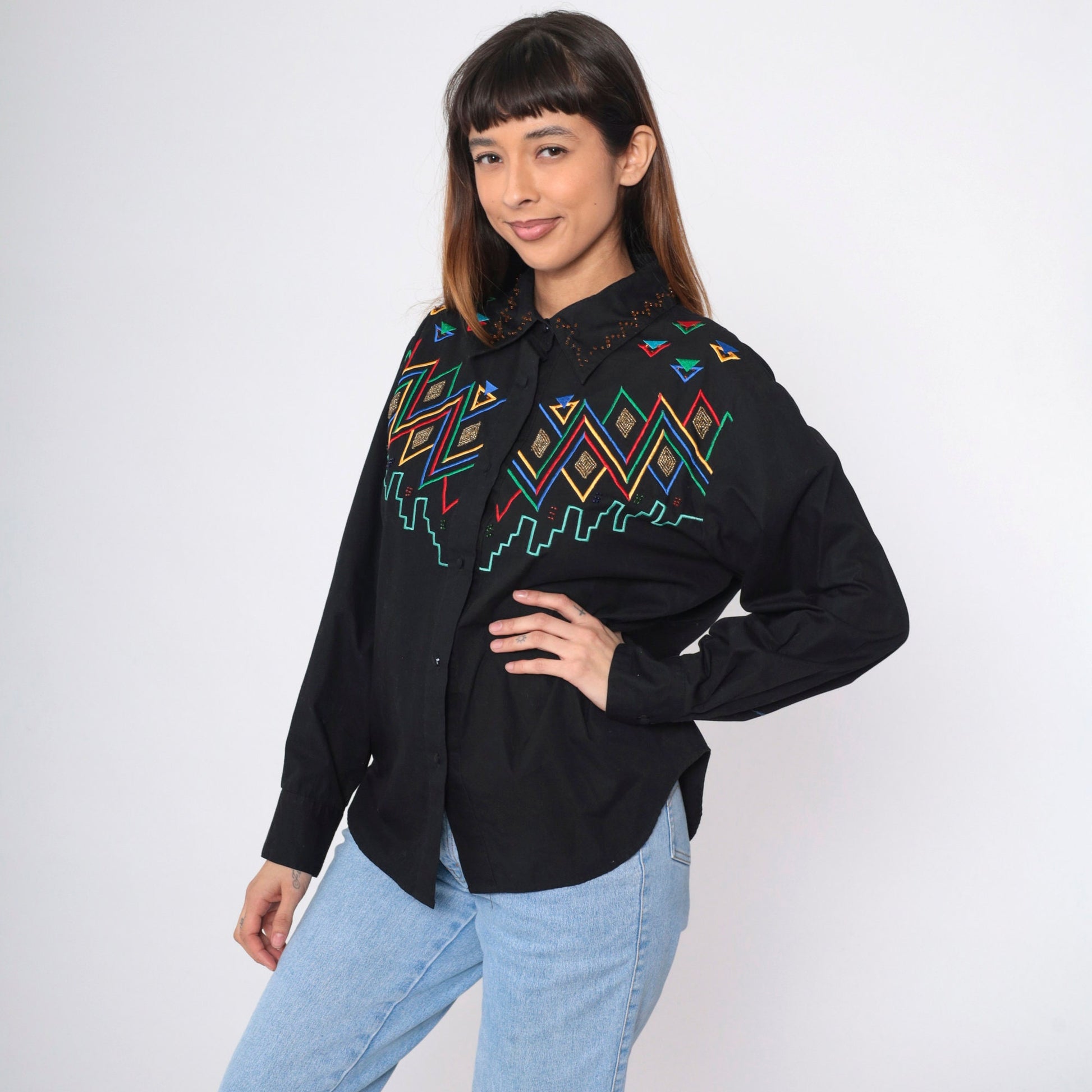 90s Southwest Embroidered Beaded Black Cotton Button Up Blouse Large L