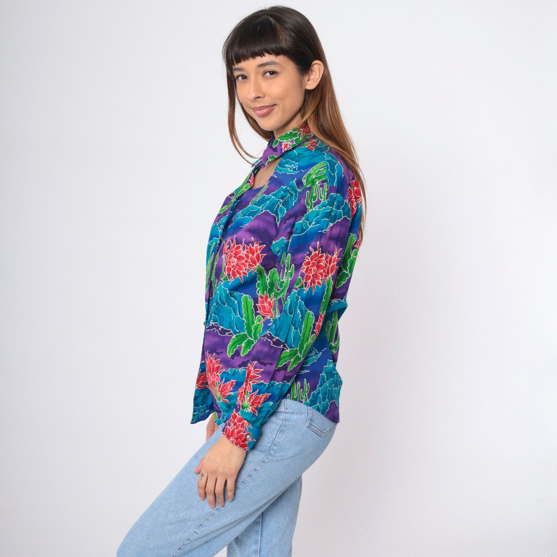 90s Southwestern Cactus Keyhole Blouse Button Up Long Sleeve Blue Purple Medium