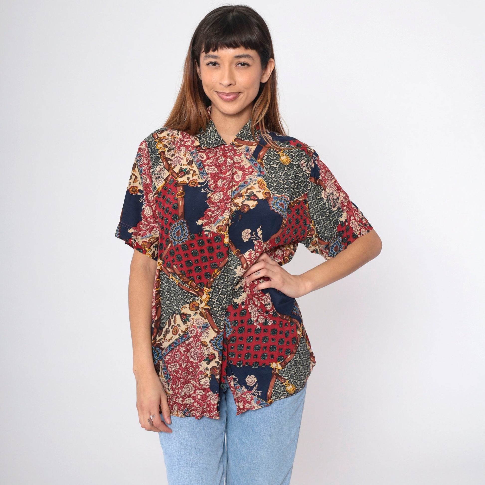 90s Amanda Italy Silk Blouse Patchwork Floral Equestrian Print Navy Medium