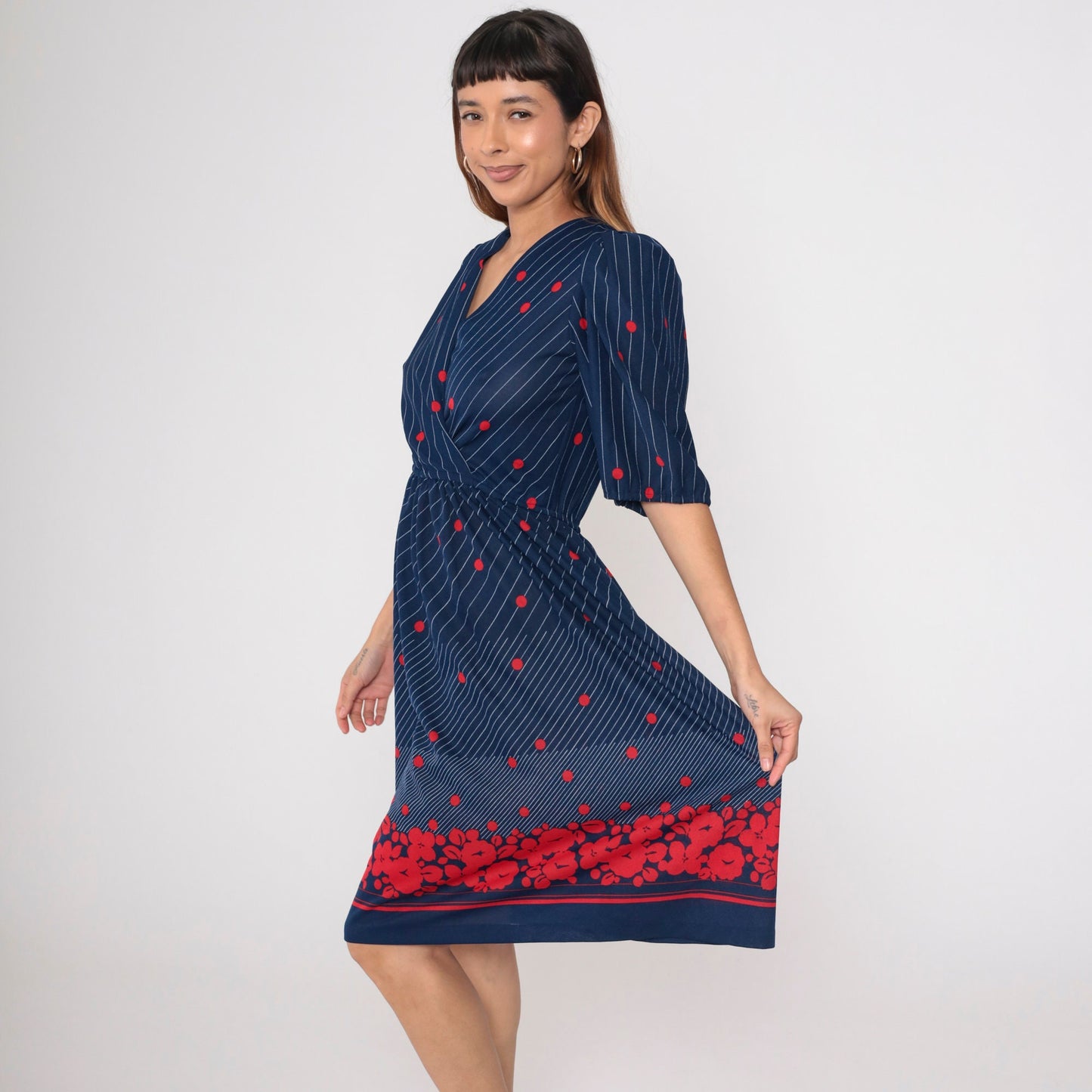 70s Navy Midi Wrap Dress Puff Sleeve Floral Polka Dot Striped Small