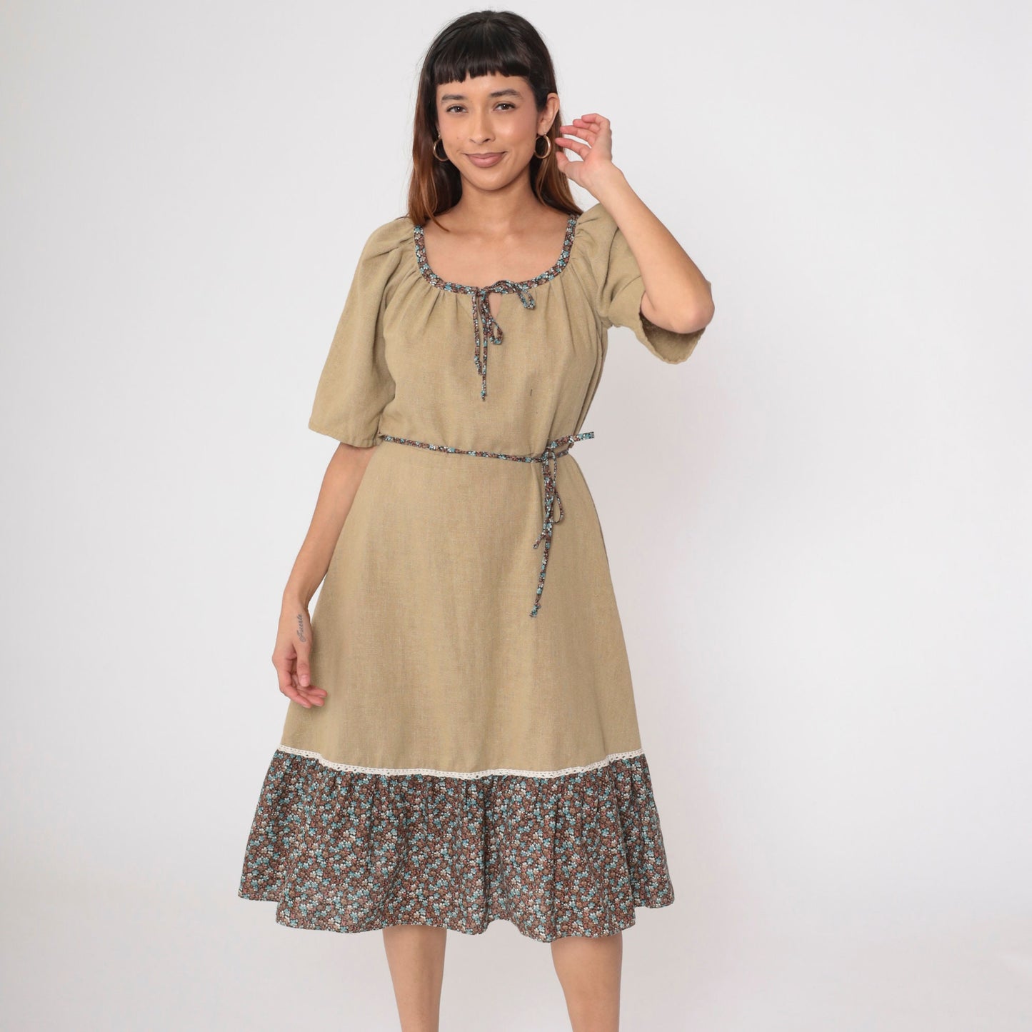 70s Floral Peasant Dress Olive Brown Midi Keyhole Bow Tie Waist Medium