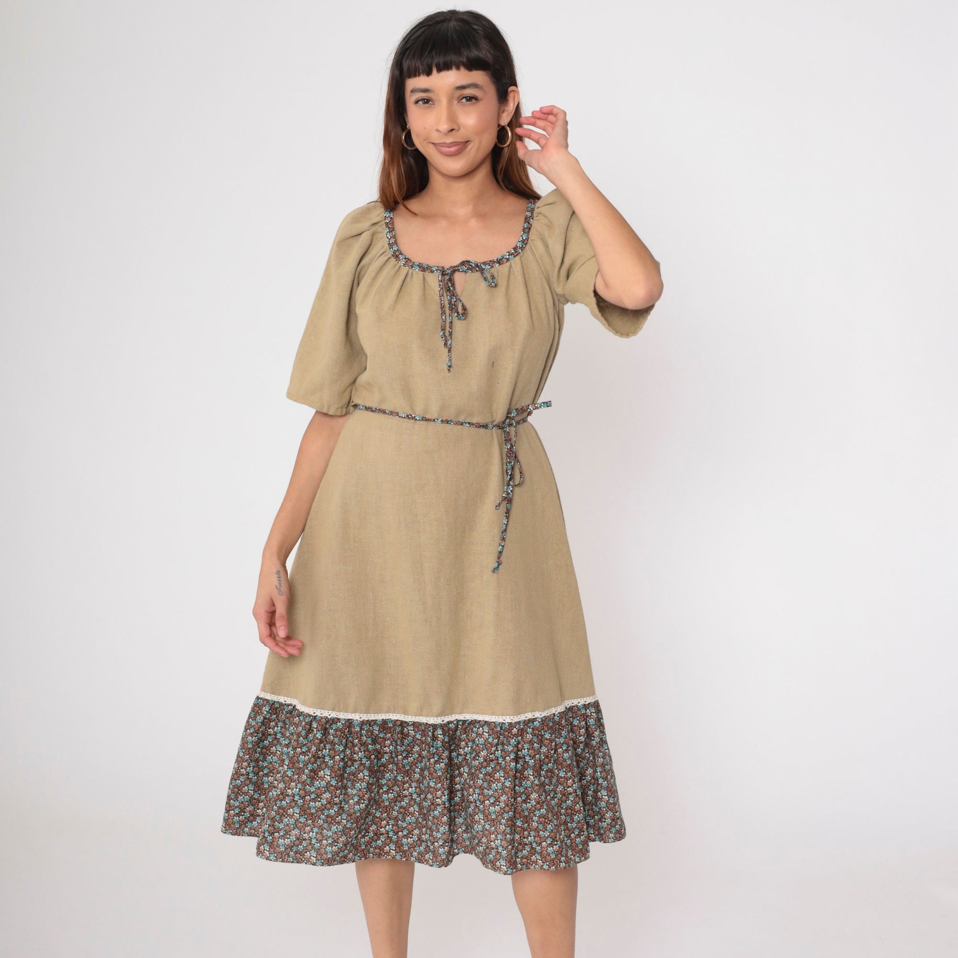 70s Floral Peasant Dress Olive Brown Midi Keyhole Bow Tie Waist Medium