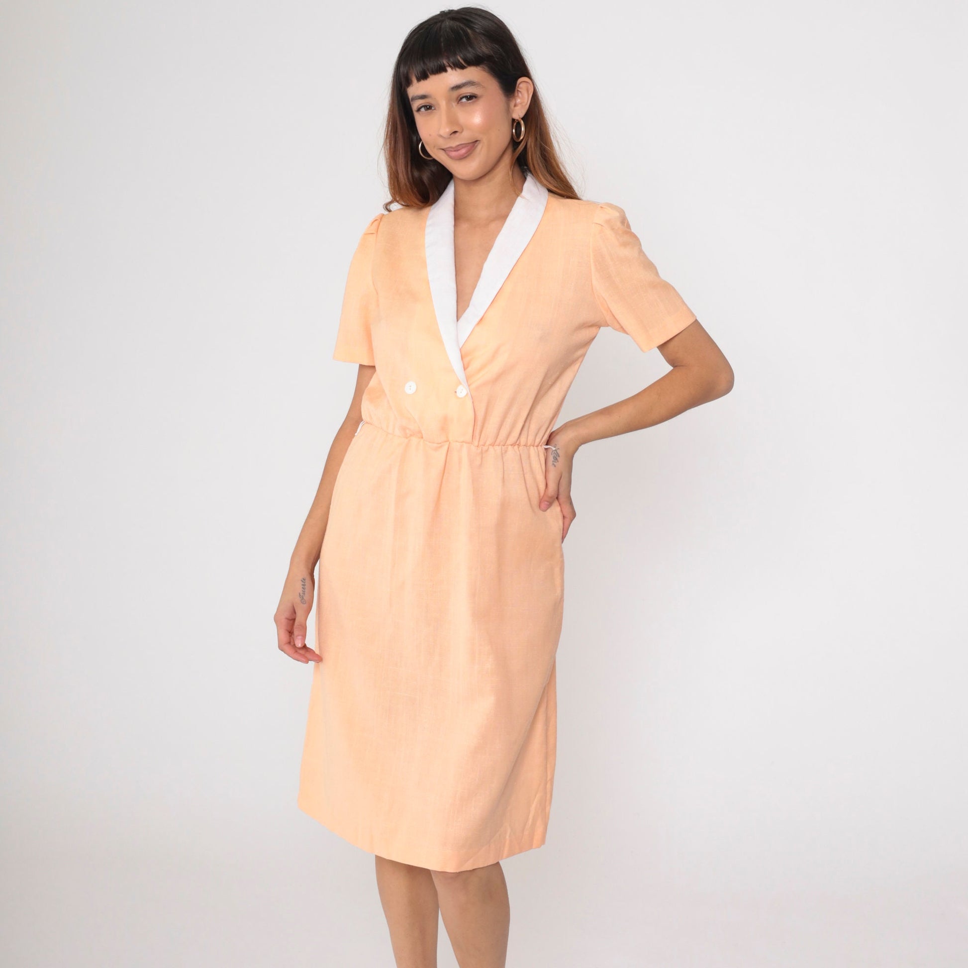 80s Peach Wrap Dress Midi Double Breasted Puff Sleeve Secretary Medium