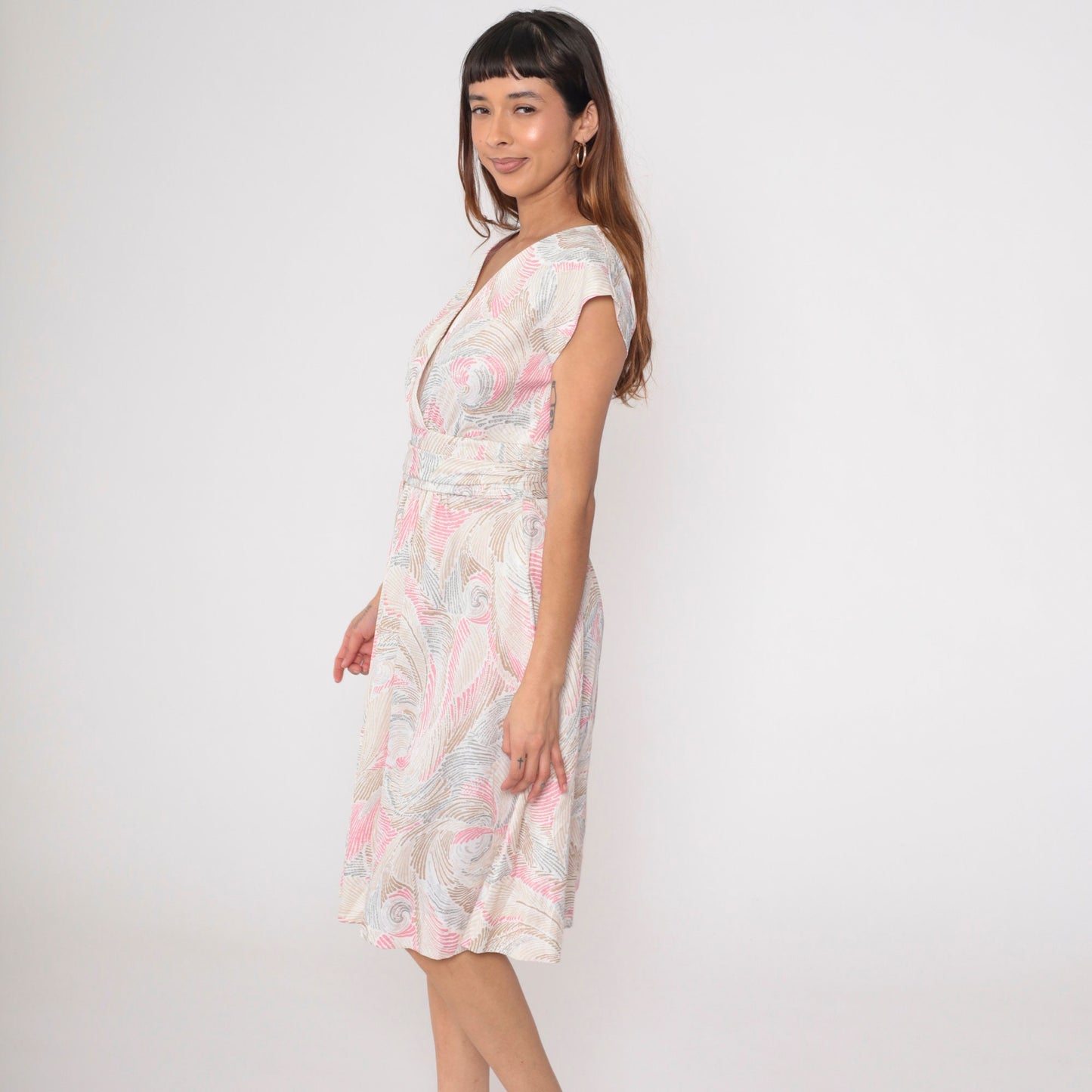 70s Wrap Dress Swirl Print Midi V-Neck High Waist Cap Sleeve White Pink Tan Medium