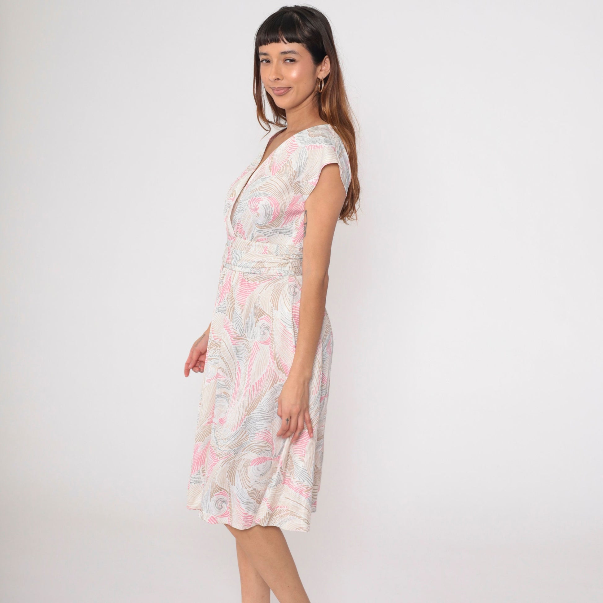 70s Wrap Dress Swirl Print Midi V-Neck High Waist Cap Sleeve White Pink Tan Medium