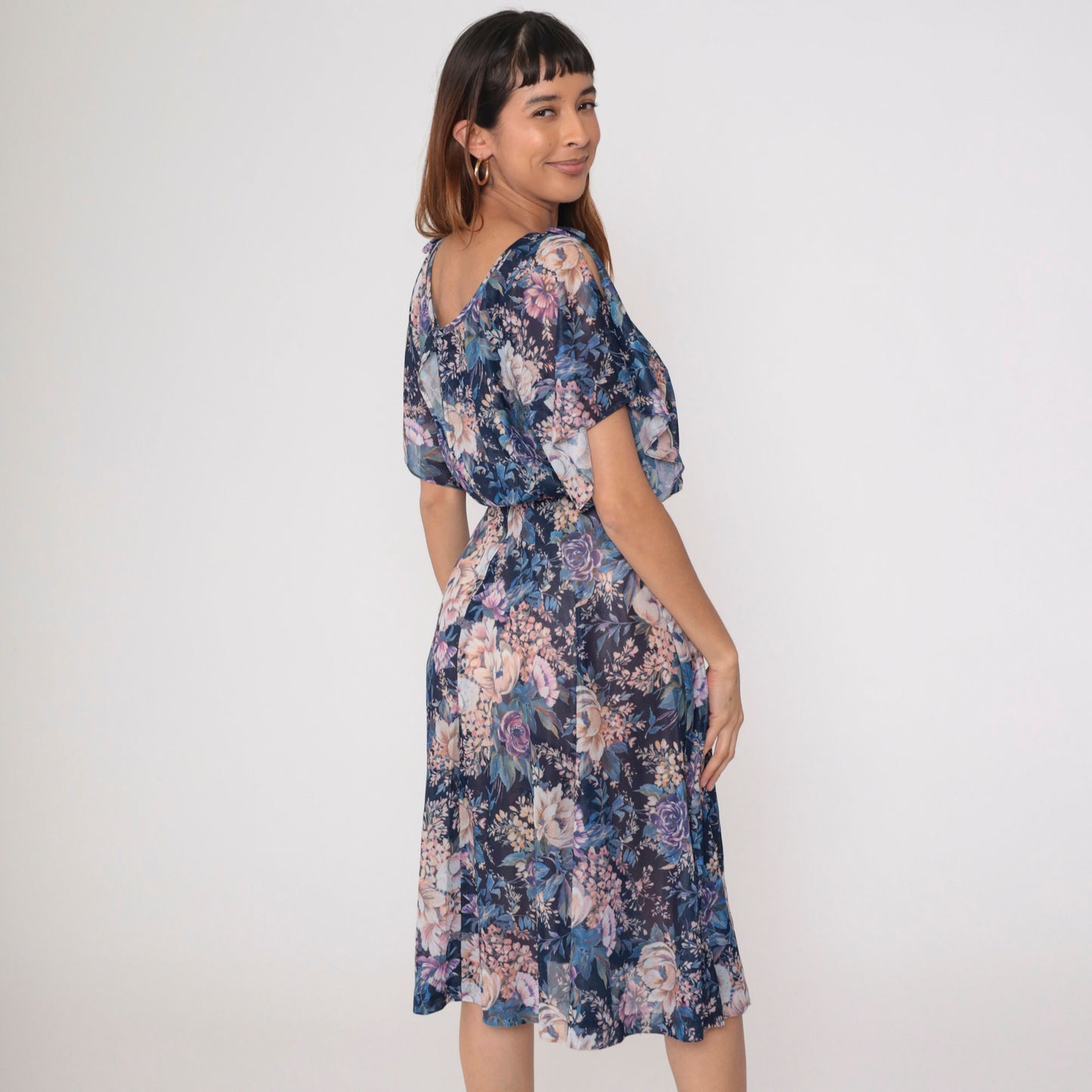 70s Navy Floral Midi Dress Split Flutter Sleeve High Waist Small Medium