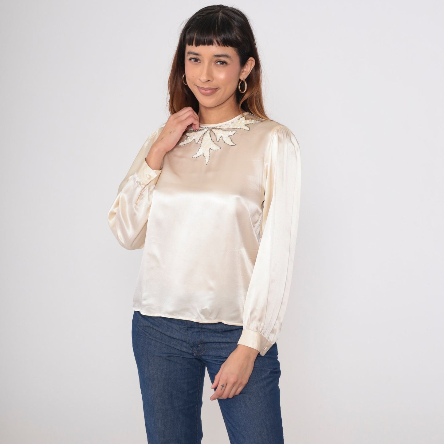 80s Lloyd Williams Silk Blouse Cream Sequin Leaf Beaded Puff Sleeve Medium