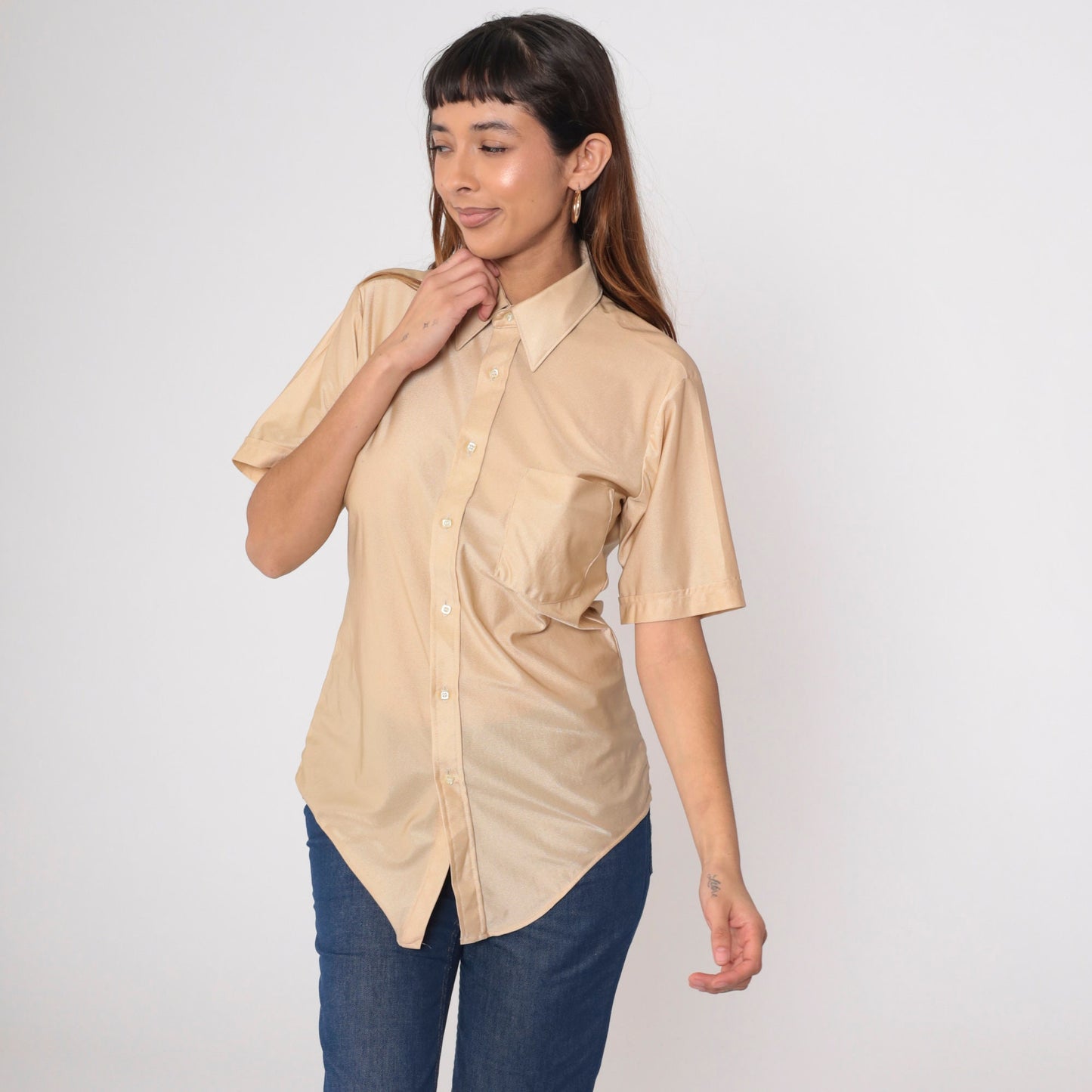 70s Tarleton Shimmery Beige Button-Up Shirt Dagger Collar Short Sleeve Men's 15