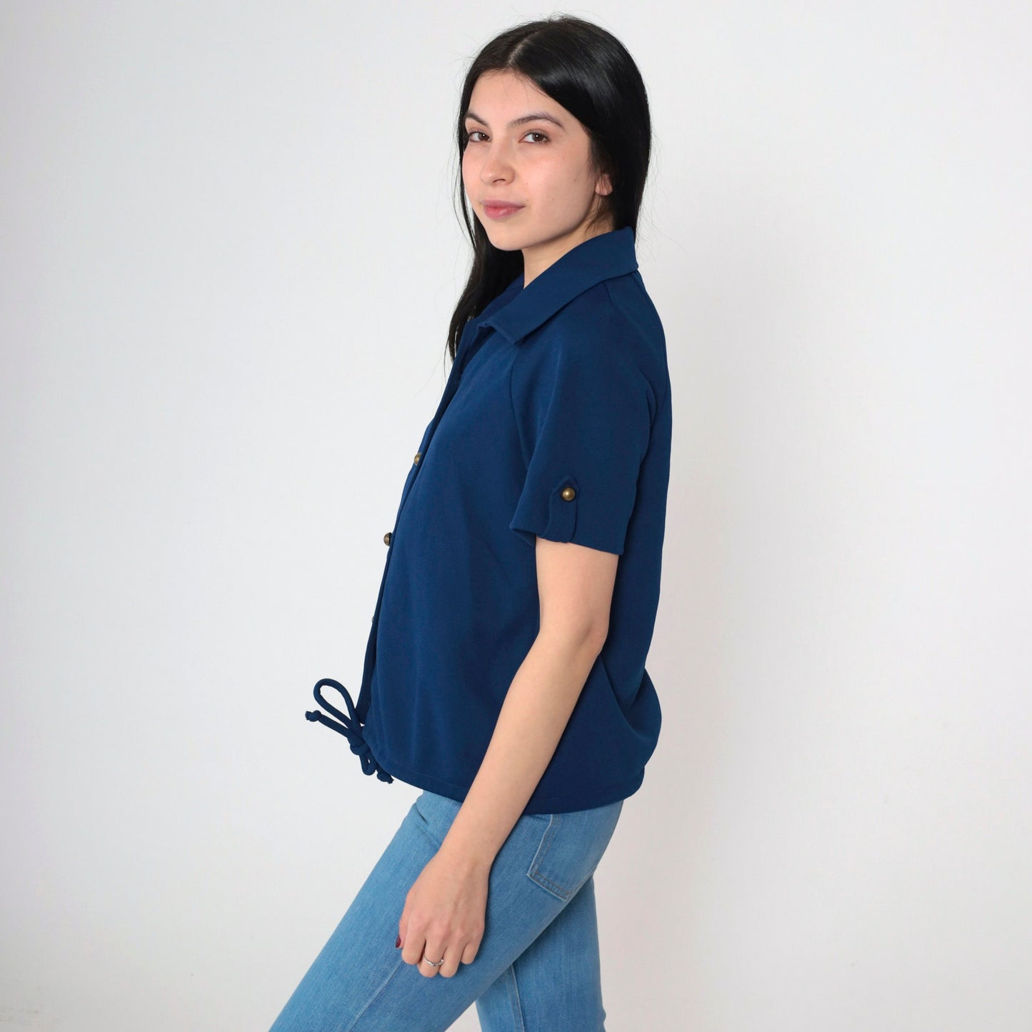 70s Navy Wing Collar Button-Up Blouse Short Roll Tab Sleeve Tie Front Medium