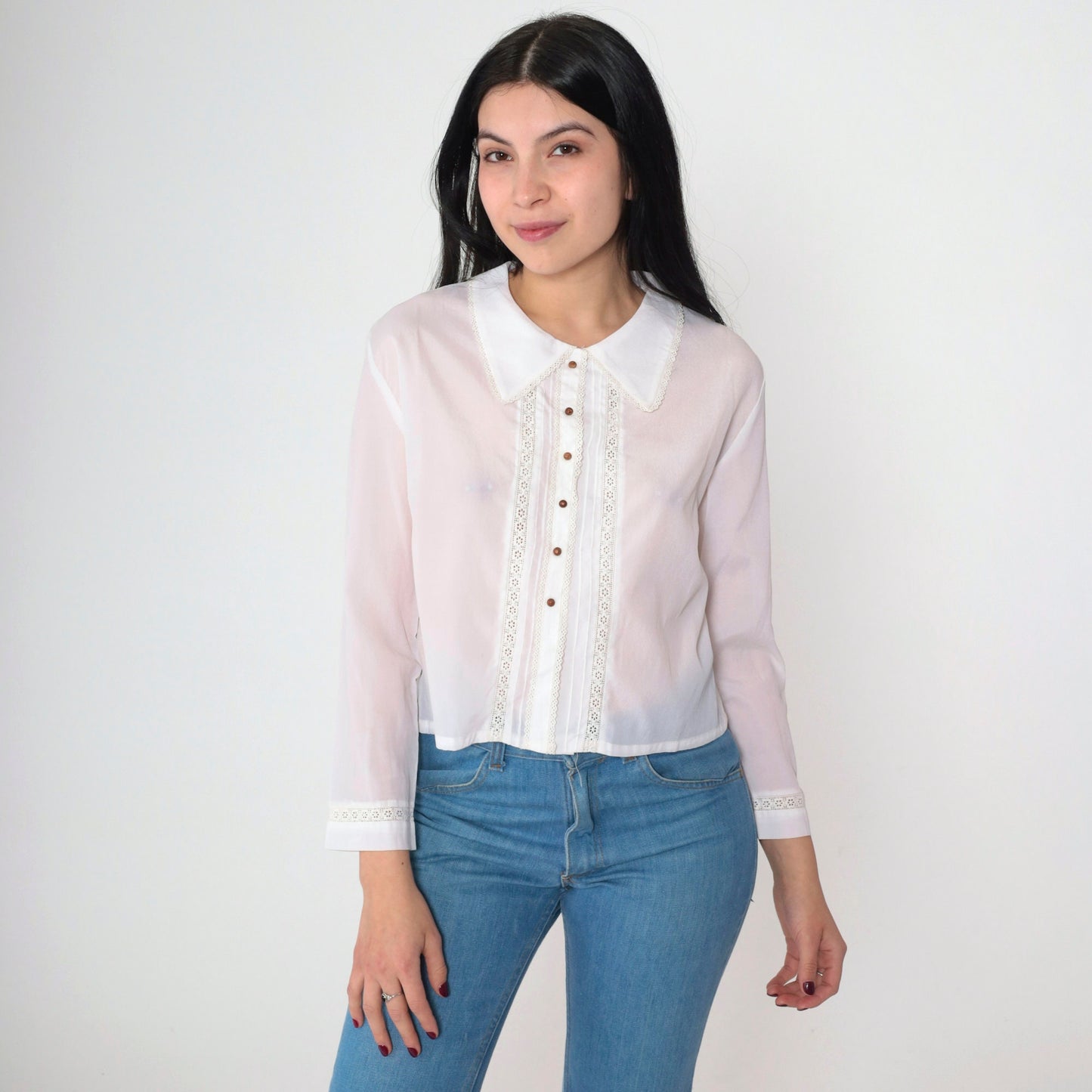 70s White Lace Cutout Blouse Floral Long Sleeve Button Up Medium M