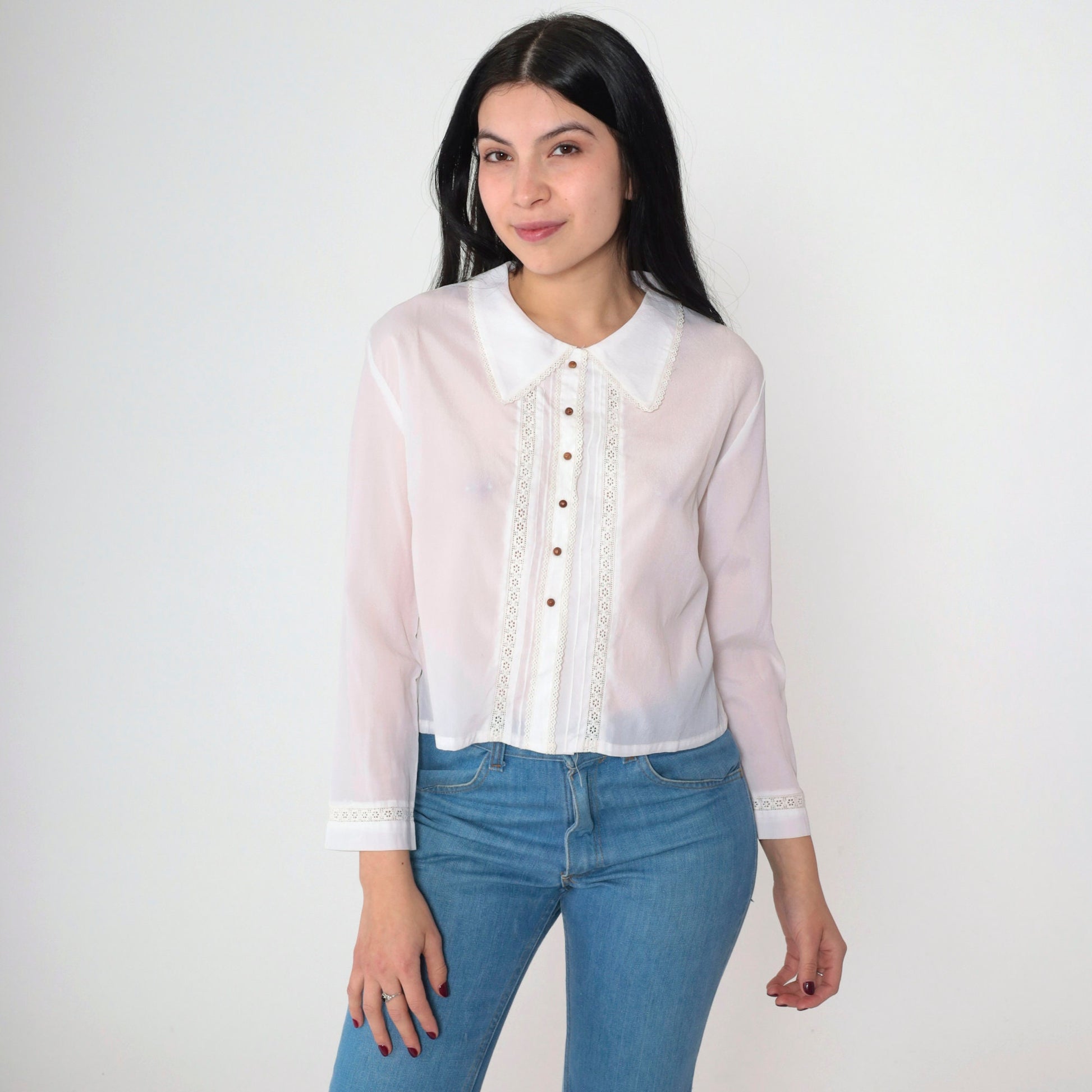 70s White Lace Cutout Blouse Floral Long Sleeve Button Up Medium M