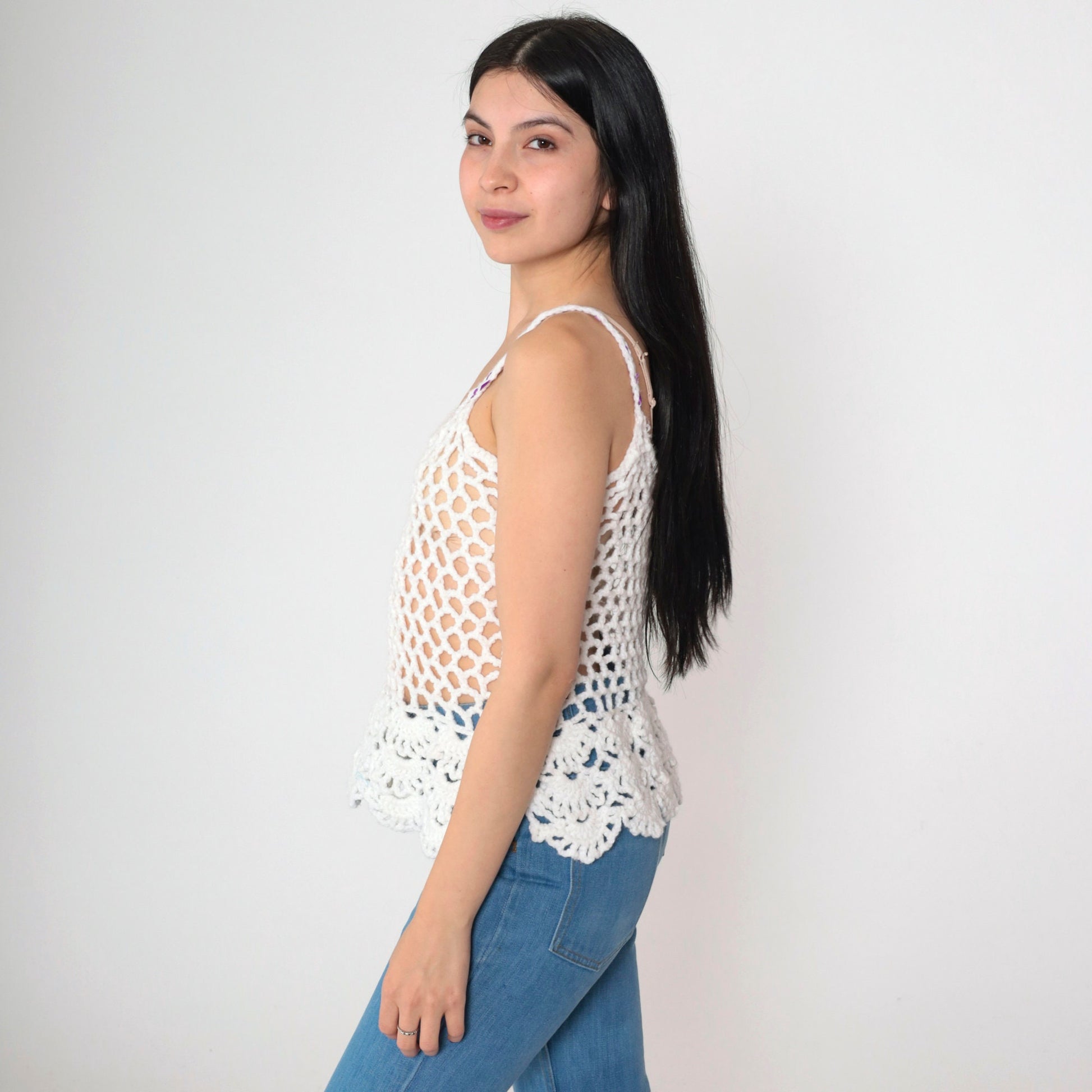 70s White Crochet Tank Top Sheer Knit Purple Ribbon Straps Small