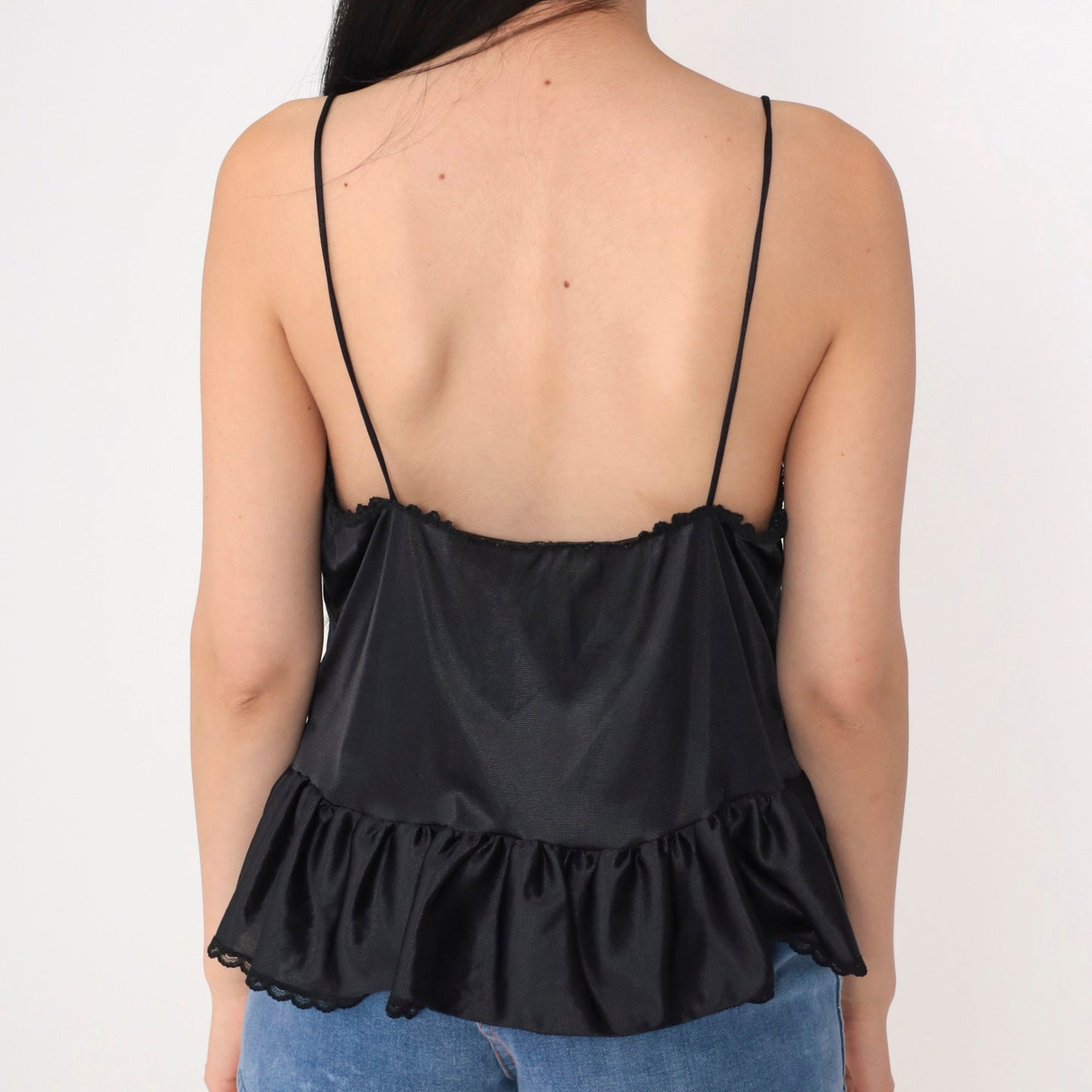 90s Black Lace Trim Camisole Tank Top Floral Ruffle Flounce Medium M