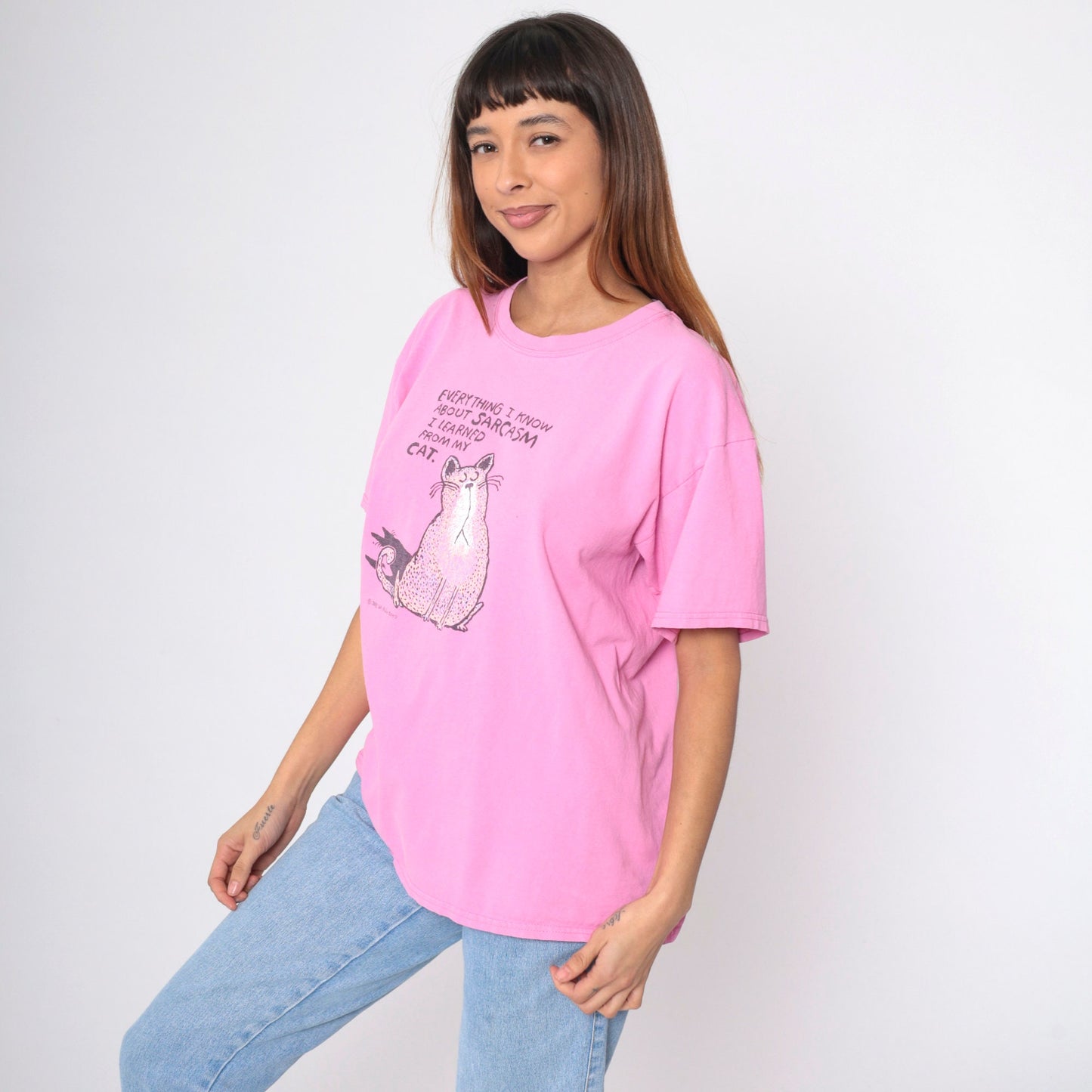 00s Cat Graphic T-Shirt Sarcasm Joke Pink Cotton Tee Large