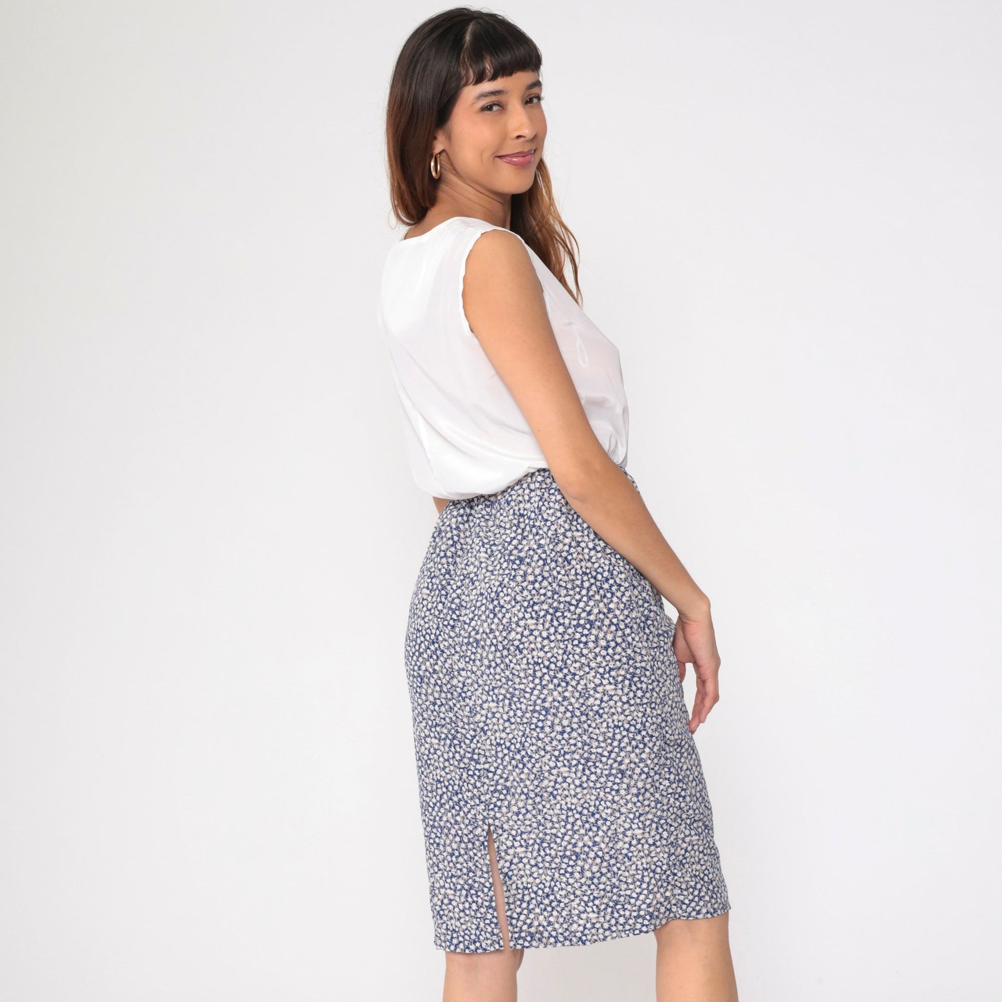80s Perceptions Blue Ditsy Floral Midi Dress Blouson Bodice Sleeveless Small
