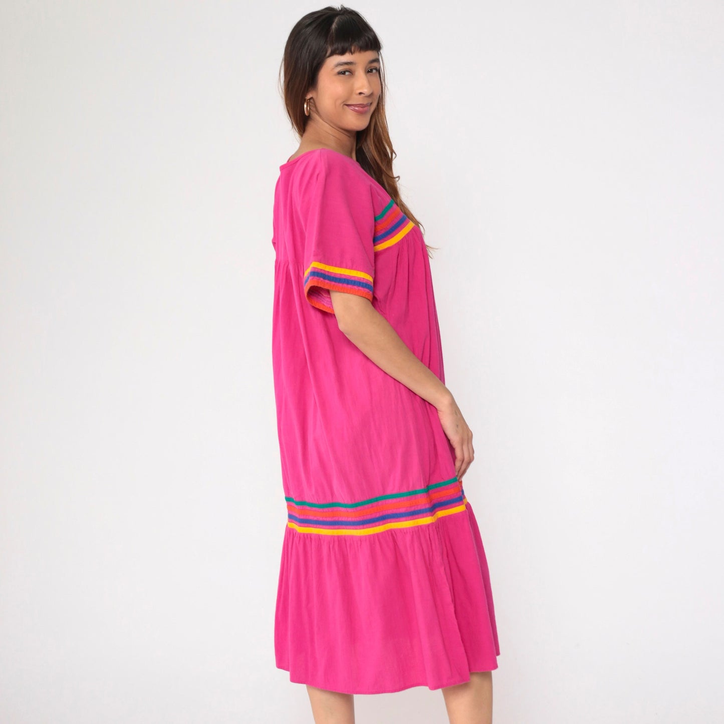 90s Hot Pink Rainbow Striped Cotton Tent Dress Dolman Sleeve Midi Medium