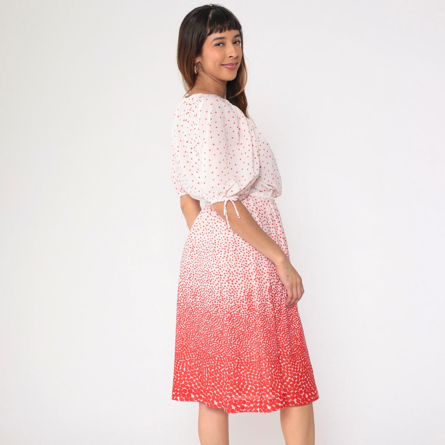 70s Peasant Dress Polka Dot Red White Midi Keyhole Neck Medium