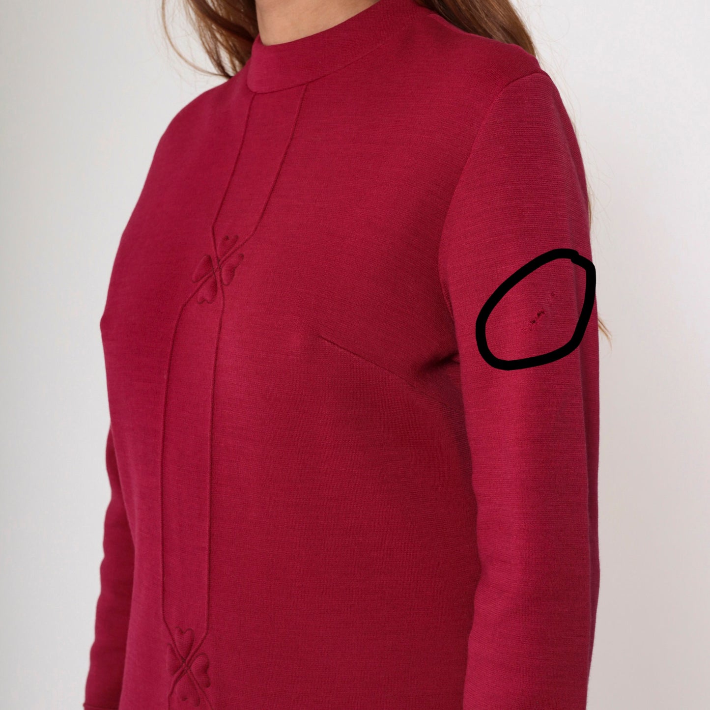 70s Burgundy Heart Wool Blend Shift Dress Long Sleeve Mini Medium