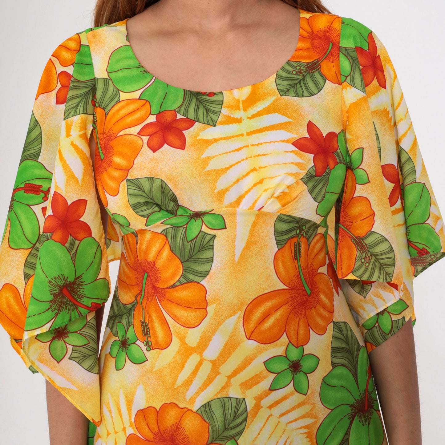 70s Pomare Hawaiian Floral Maxi Dress Angel Sleeve Empire Waist Small