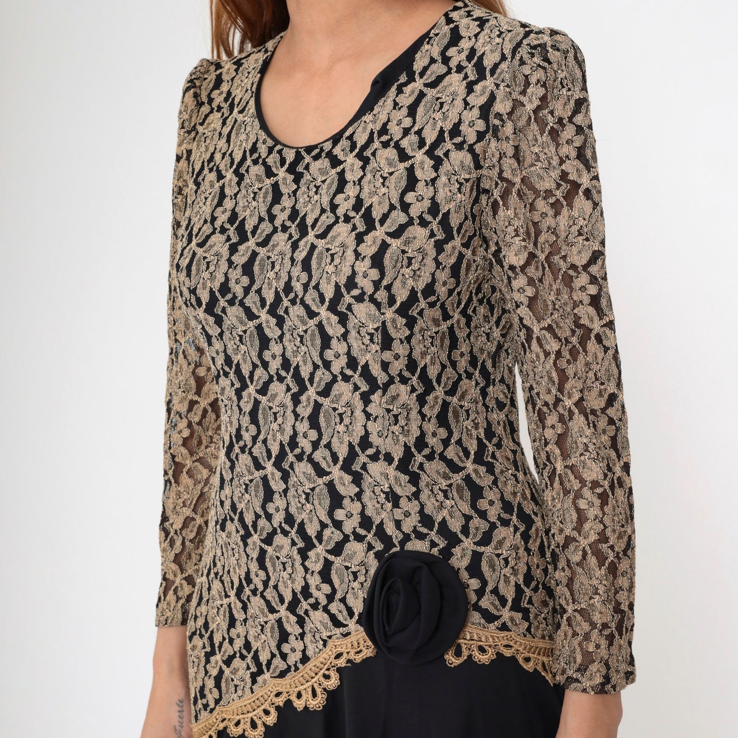 80s Black Tan Lace Chiffon Midi Dress Puff Sleeve Drop Waist Medium