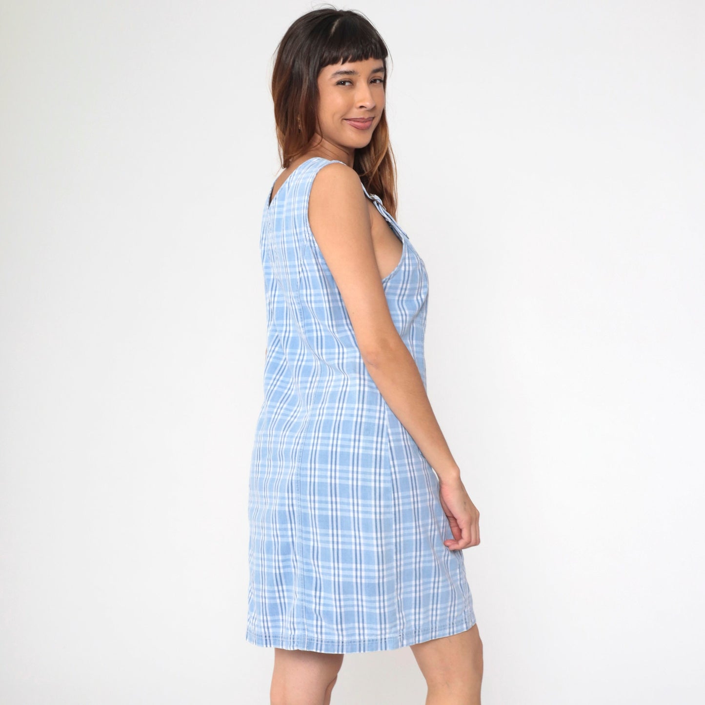 90s Blue Plaid Jumper Dress Mini Sleeveless Buckle Strap Pinafore Medium