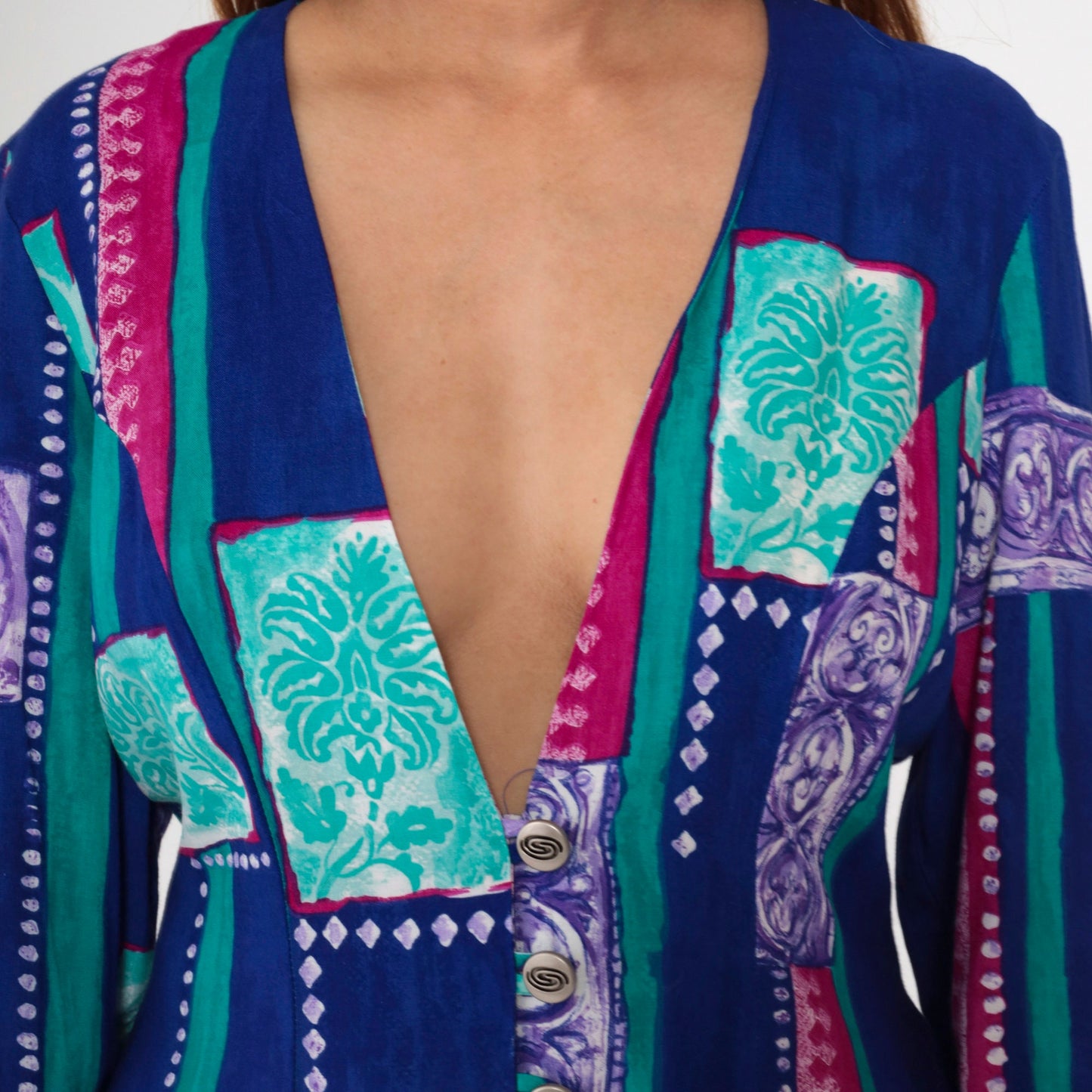 90s Anthony Mark Hankins Floral Striped Button-Up Blouse Deep V Neck Blue Medium