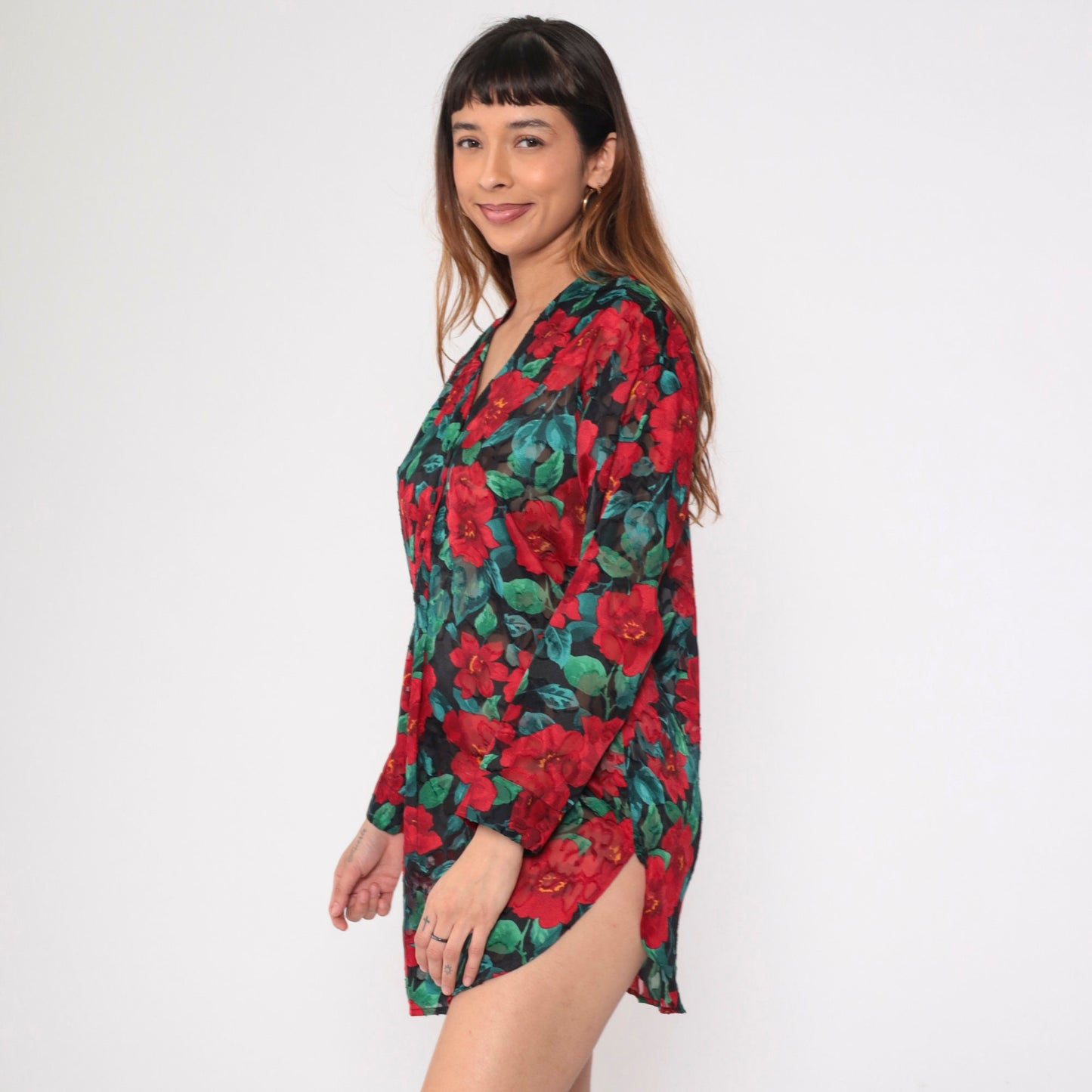 90s Victoria's Secret Floral Burnout Nightgown Long Sleeve Button Up Mini Red Small