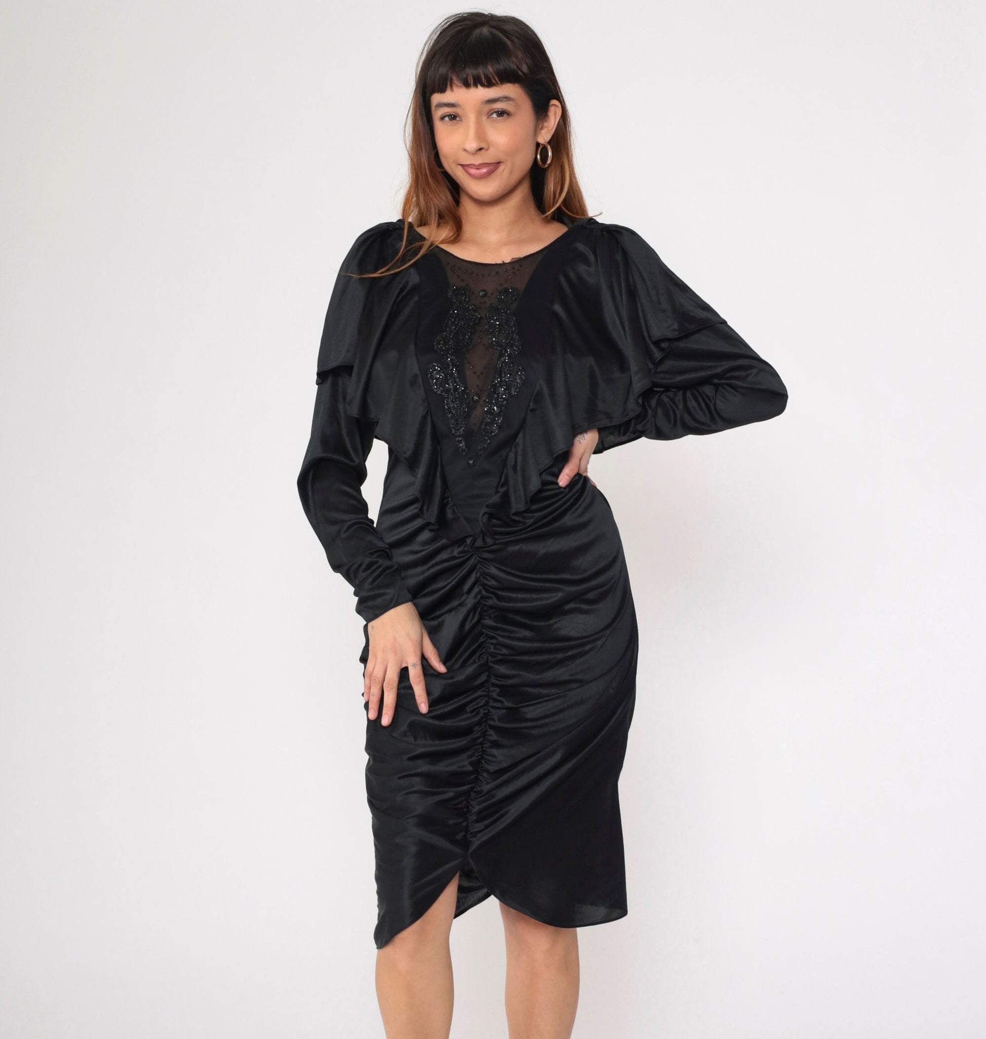 80s Black Beaded Midi Dress Cape Sleeve Open Back Ruched Medium