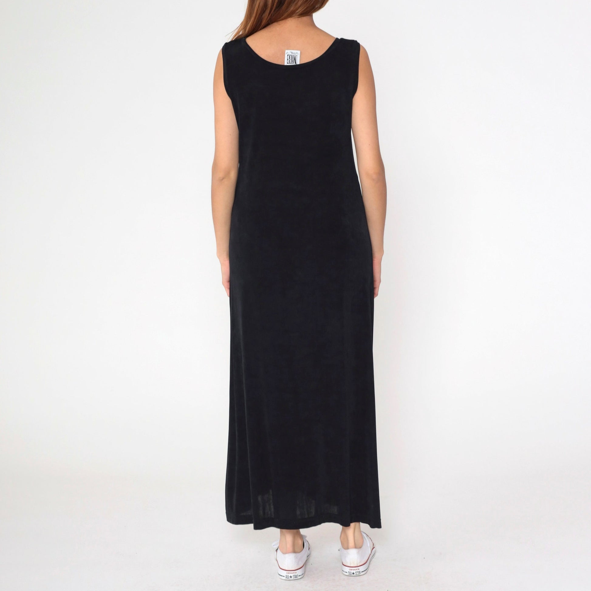 90s Black Maxi Dress V-Neck Sleeveless Column Cut Pullover Medium M