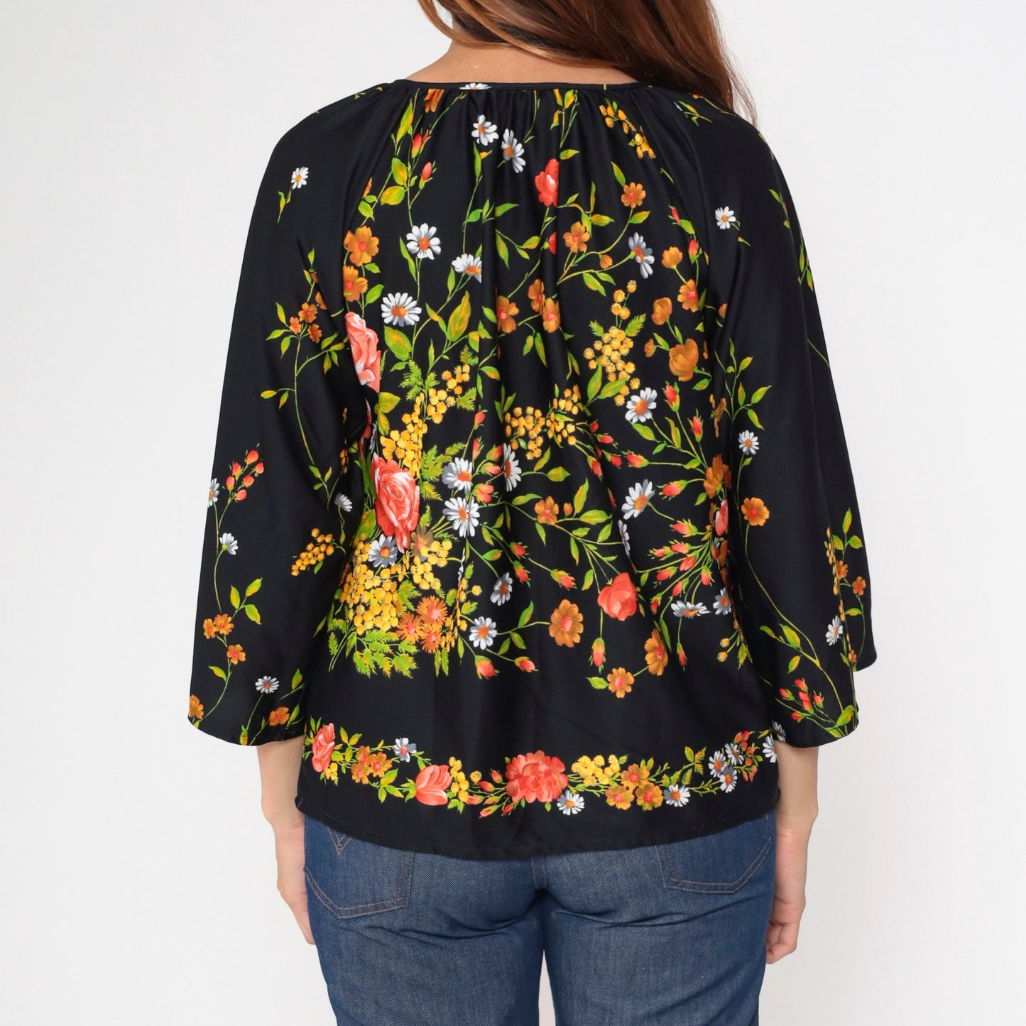 70s Teddi Of California Floral Blouse Black Bell Sleeve Keyhole Neck Medium Large