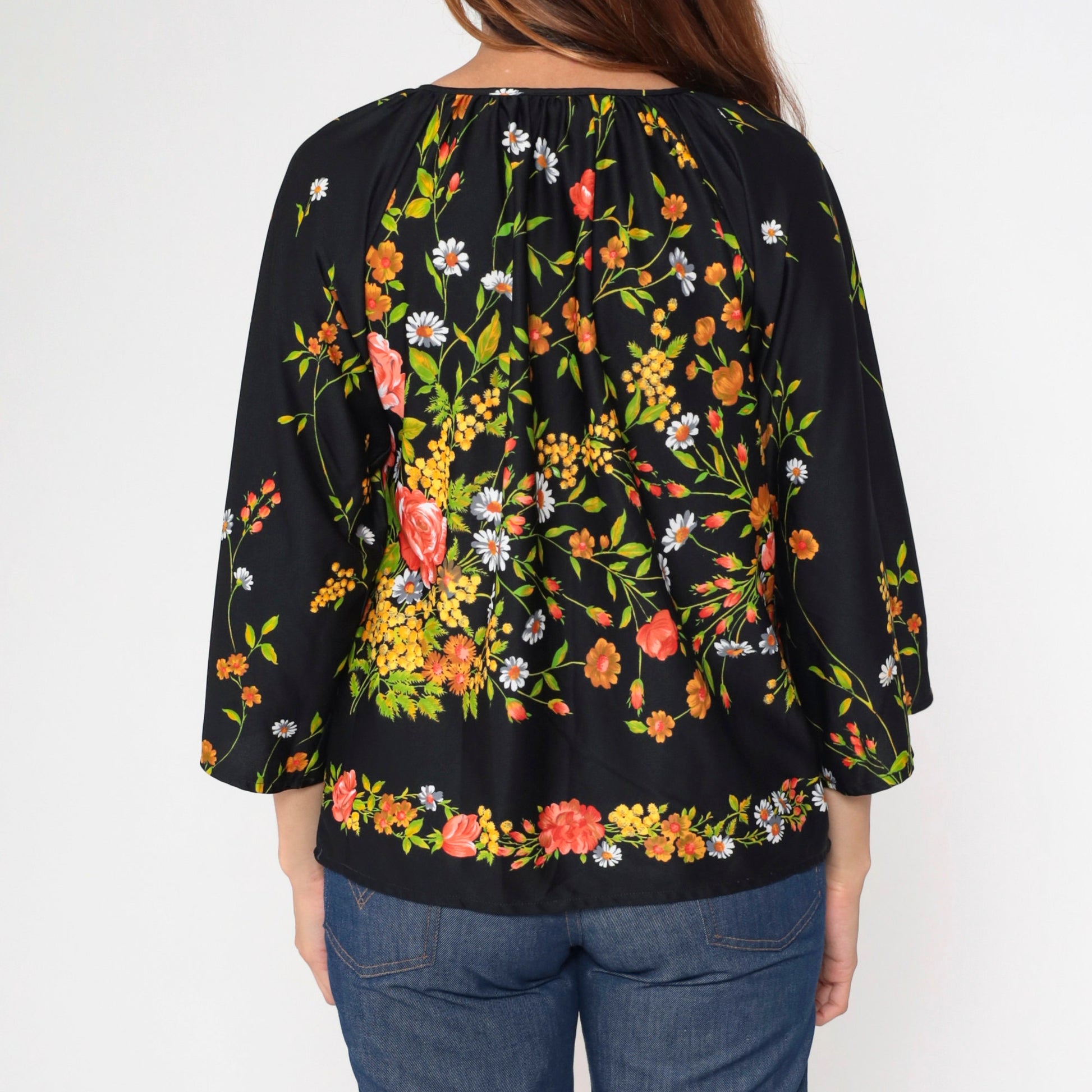 70s Teddi Of California Floral Blouse Black Bell Sleeve Keyhole Neck Medium Large