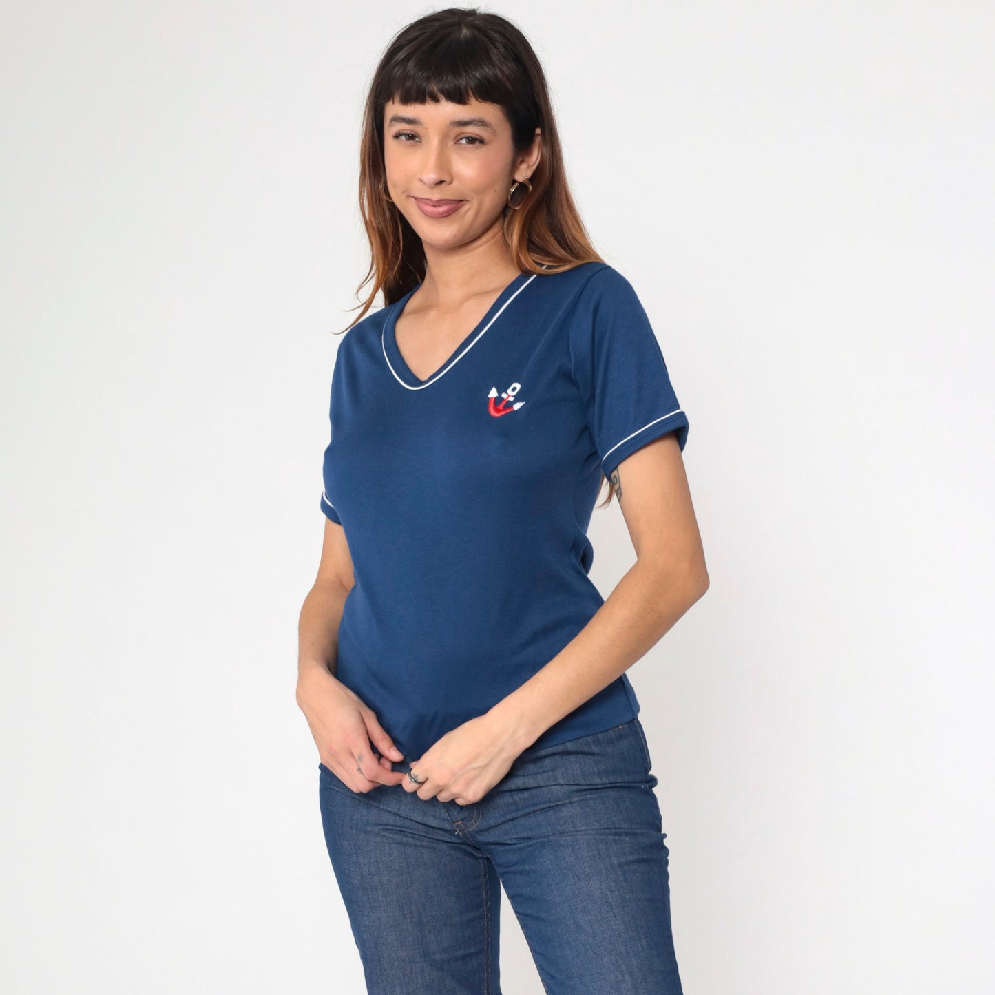 80s Navy Anchor Embroidered Ringer T-Shirt White Trim Small