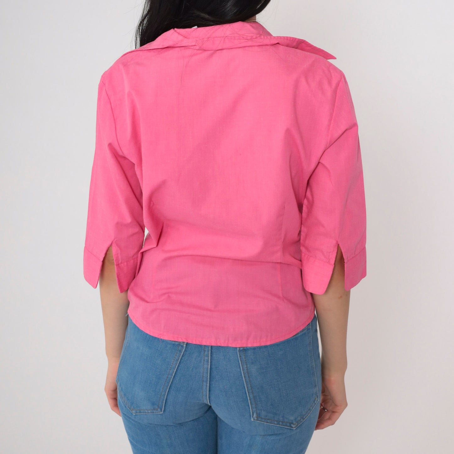 70s Bright Pink Wing Collar Button-Up Blouse 3/4 Sleeve Small