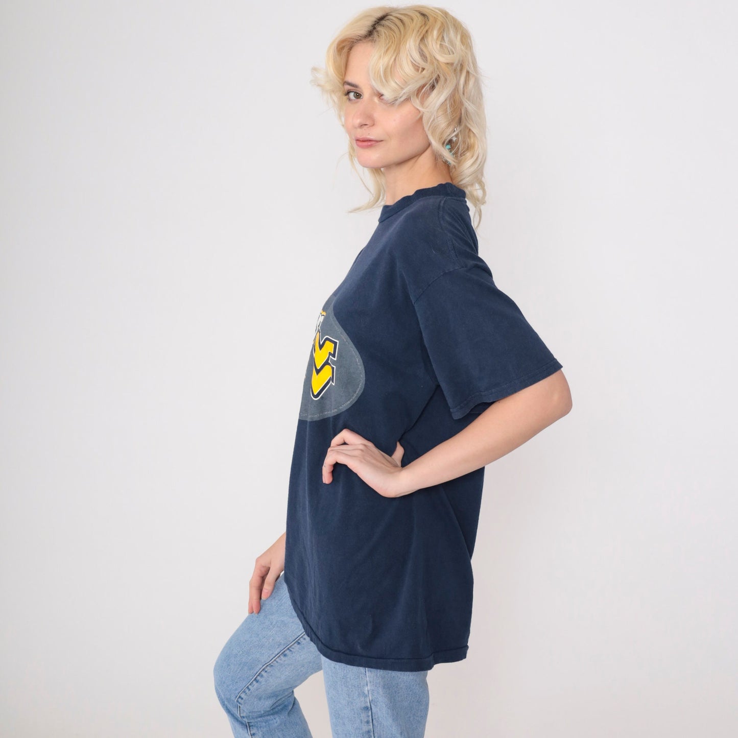 90s West Virginia University Mountaineer Graphic T-Shirt Navy Medium