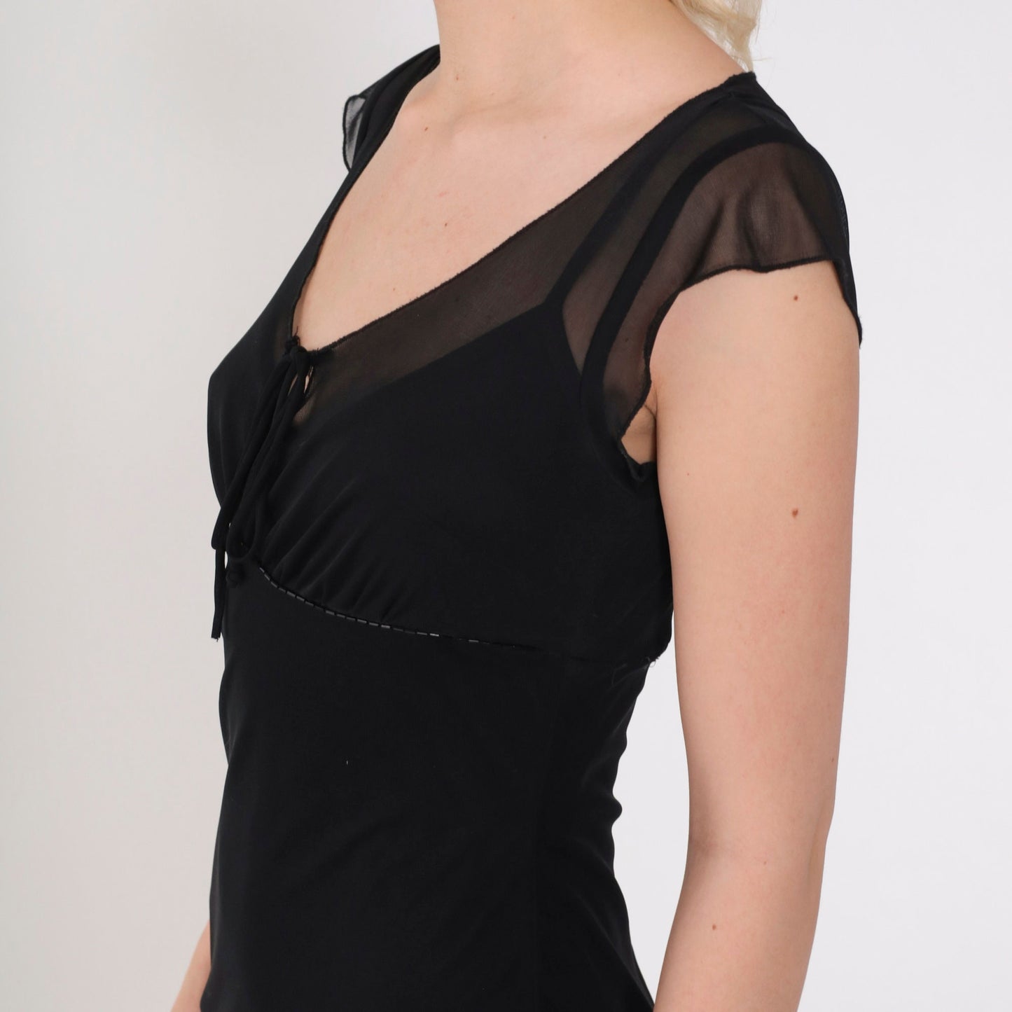00s Black Beaded Midi Dress Sheer Cap Sleeve Empire Waist Keyhole Tie Neck Small