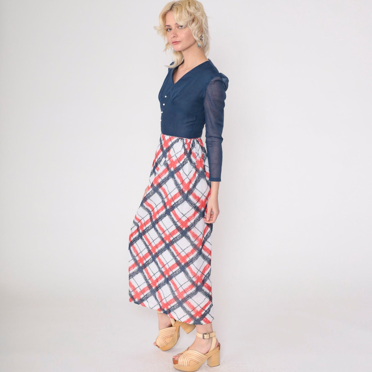 70s Checkered Maxi Dress Puff Sleeve High Waist Dark Blue Red White XXS