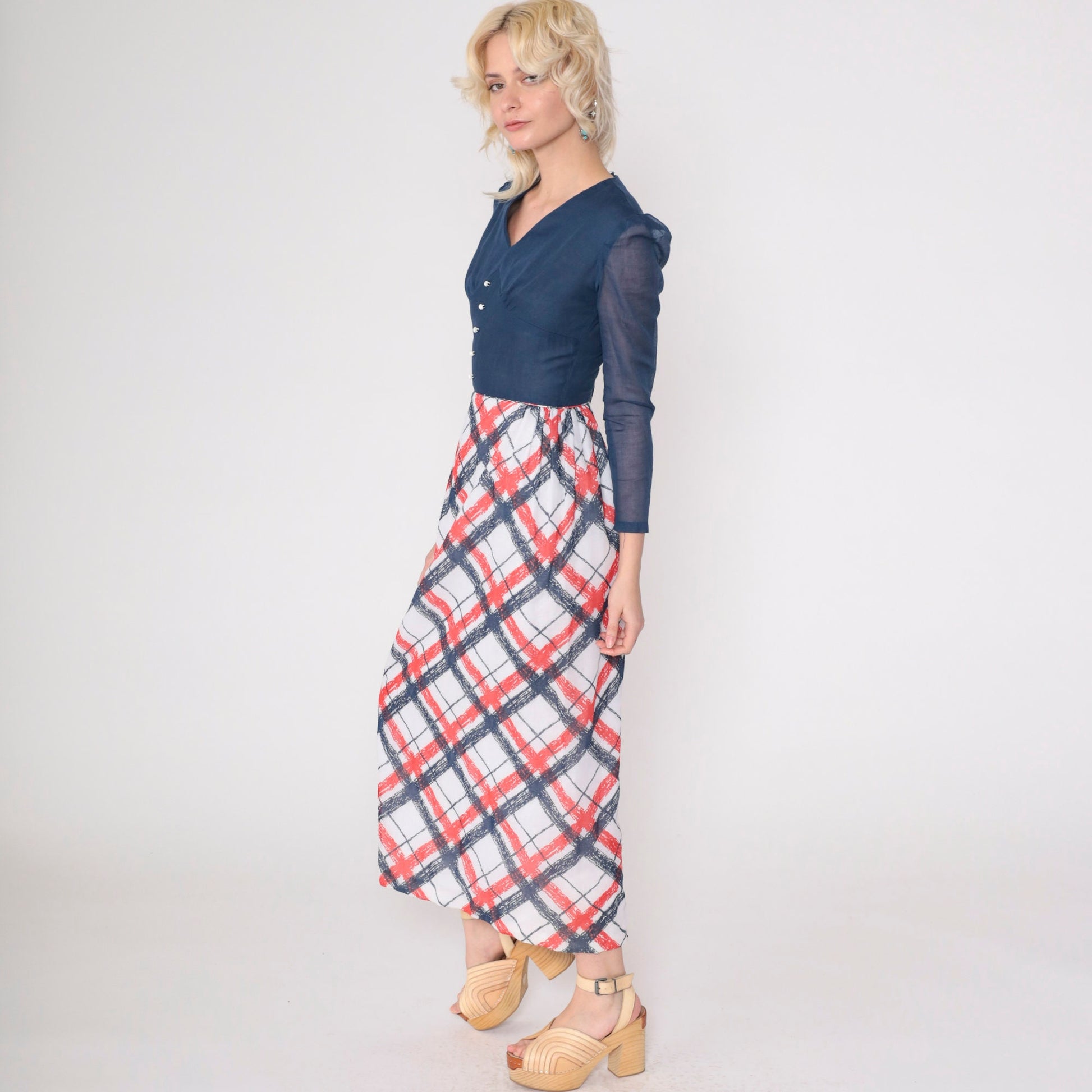 70s Checkered Maxi Dress Puff Sleeve High Waist Dark Blue Red White XXS